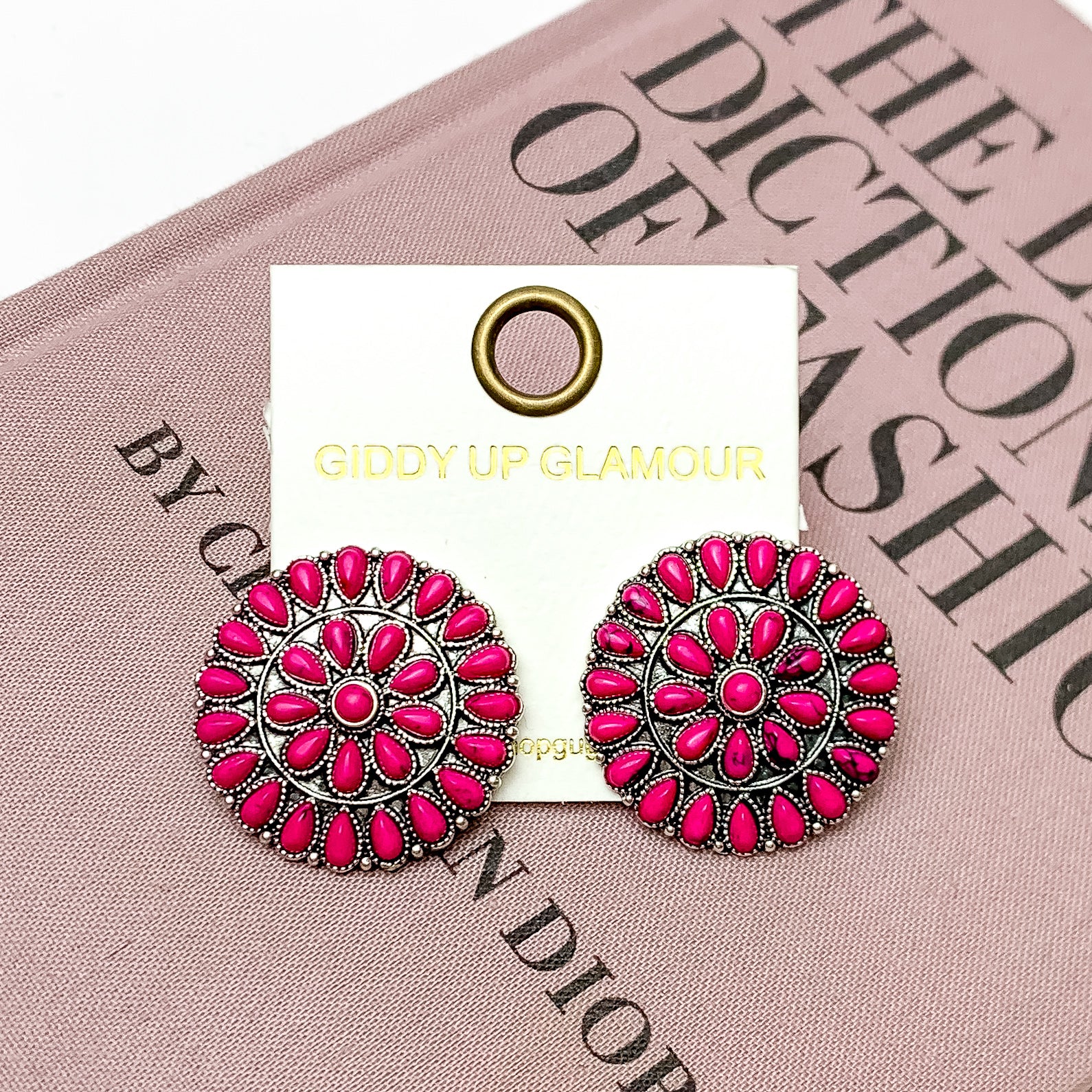 Silver Tone Circle Earrings with Fuchsia Pink Stones - Giddy Up Glamour Boutique