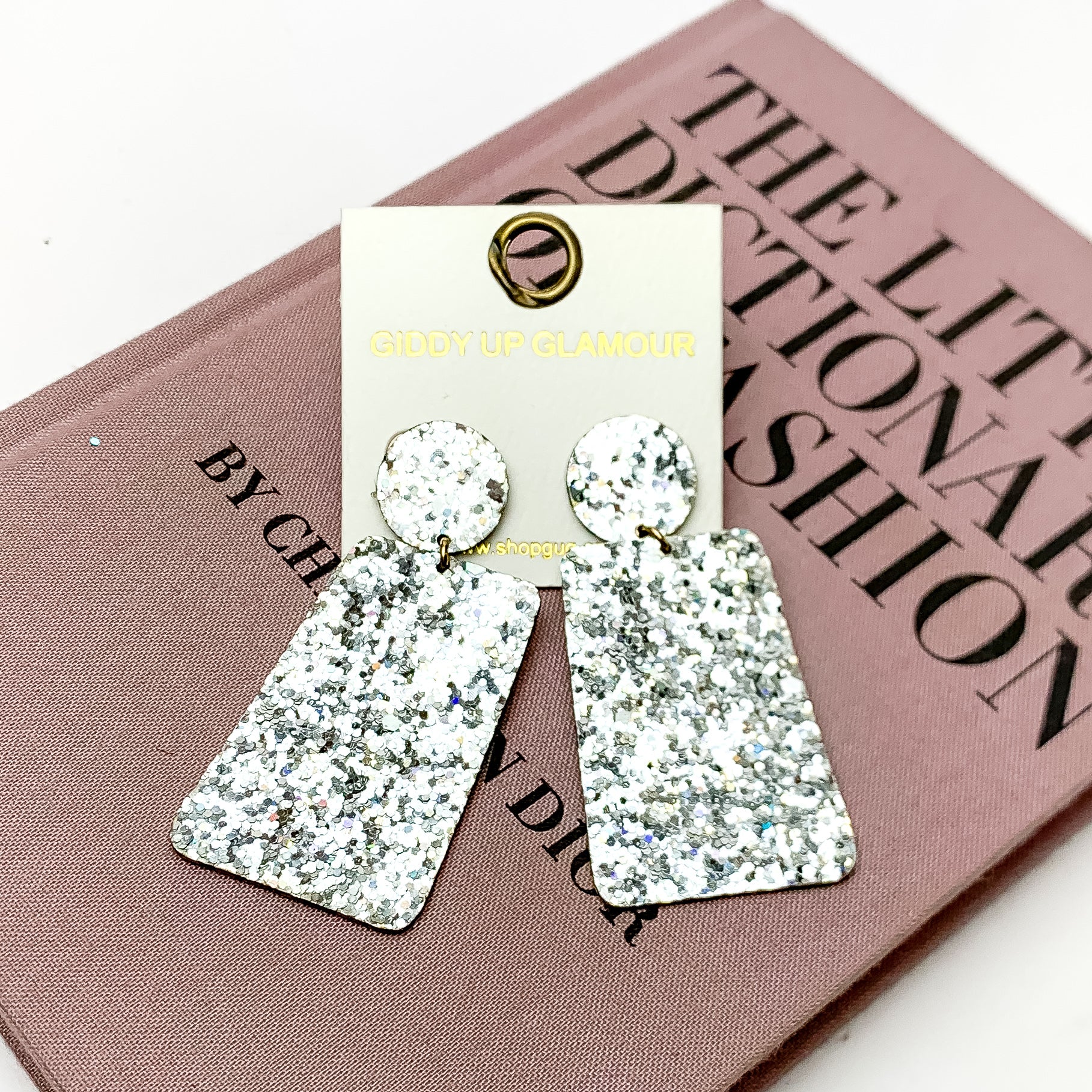 Excellent Taste Glitter Rectangle Drop Earrings in Silver - Giddy Up Glamour Boutique