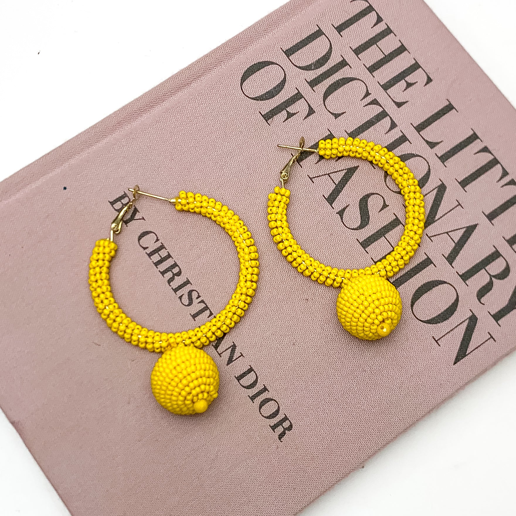Beaded Hoop Earrings with Ball Dangle in Yellow - Giddy Up Glamour Boutique