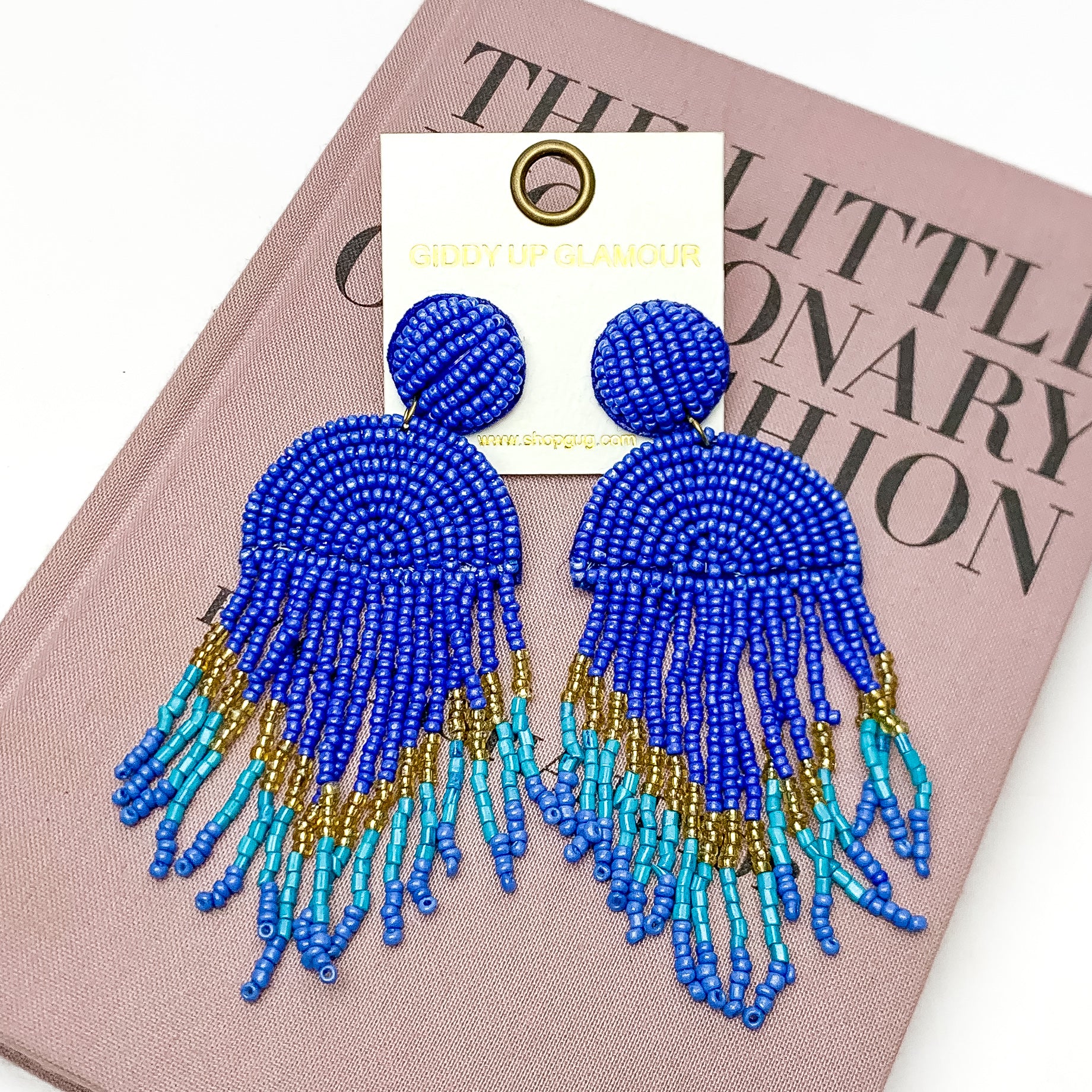 Semi Circle Drop Beaded Earrings with Tassels in Blue - Giddy Up Glamour Boutique