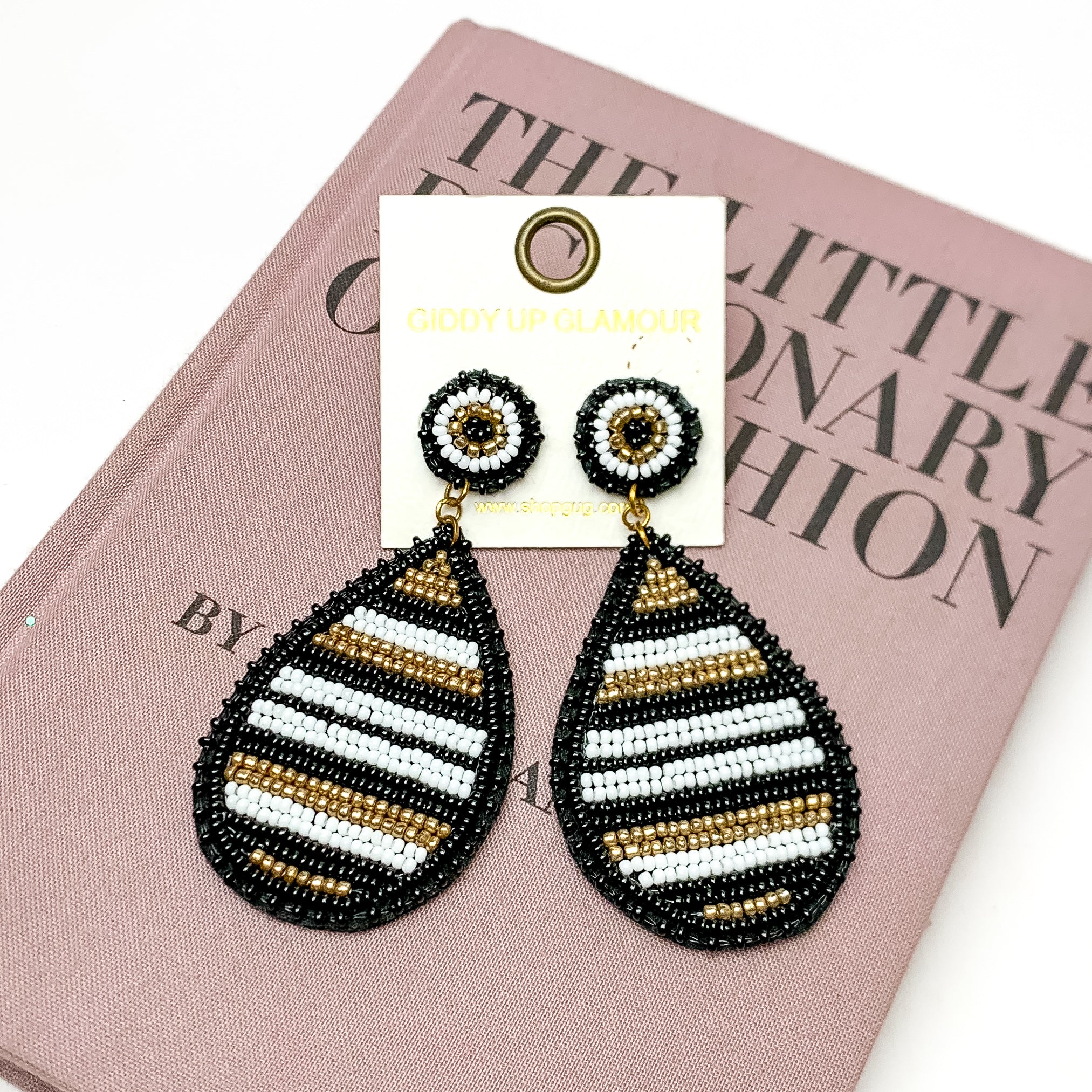 Beaded Striped Teardrop Earrings in Black Mix - Giddy Up Glamour Boutique