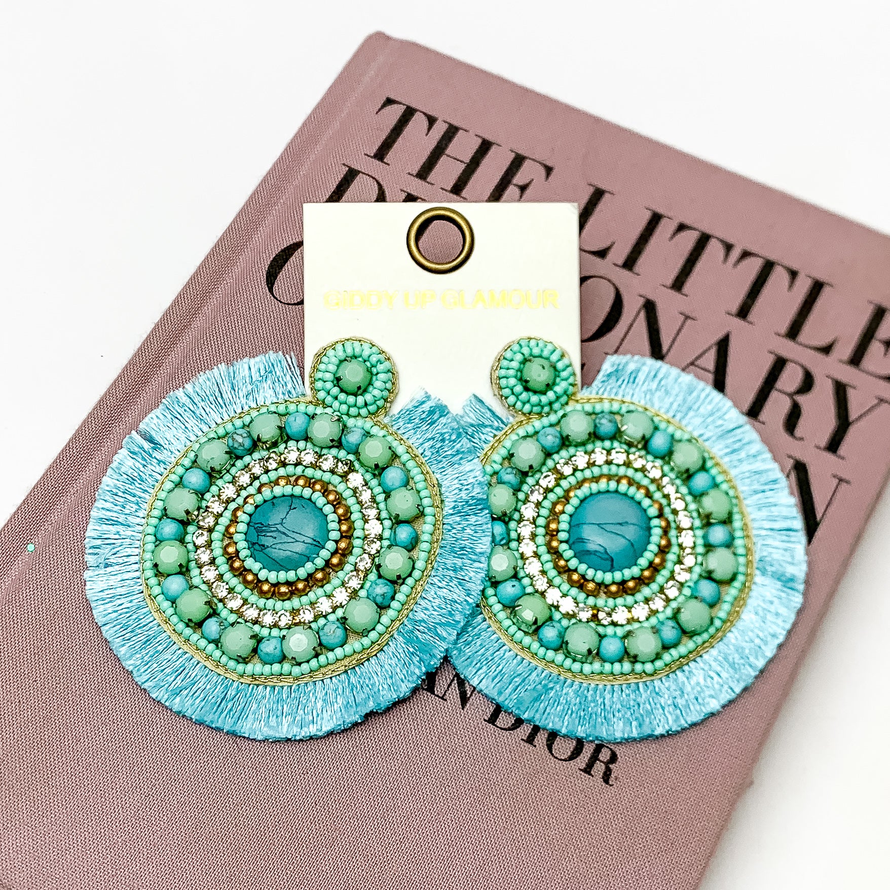 Turquoise Beaded and Crystal Statement Earrings with Fringe Outline in Turquoise Blue - Giddy Up Glamour Boutique