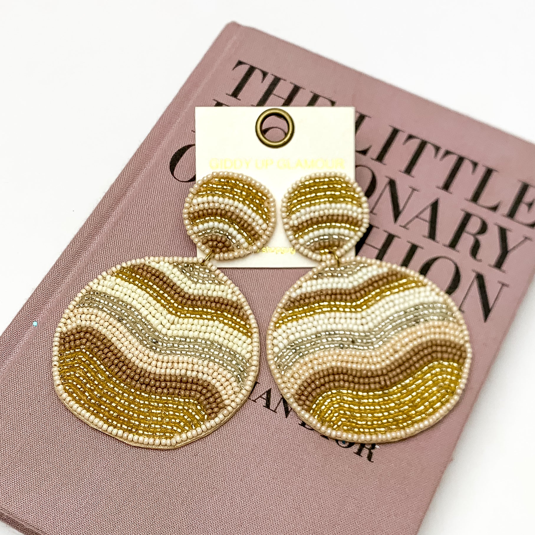 Circle Drop Wavy Striped Beaded Earrings Nude - Giddy Up Glamour Boutique