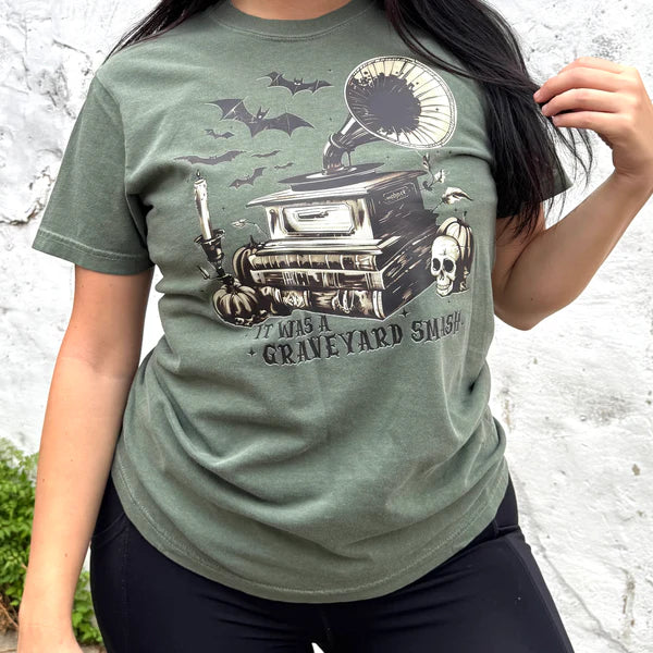 Online Exclusive | It Was A Graveyard Smash Graphic on Short Sleeve Comfort Color Tee in Moss Green