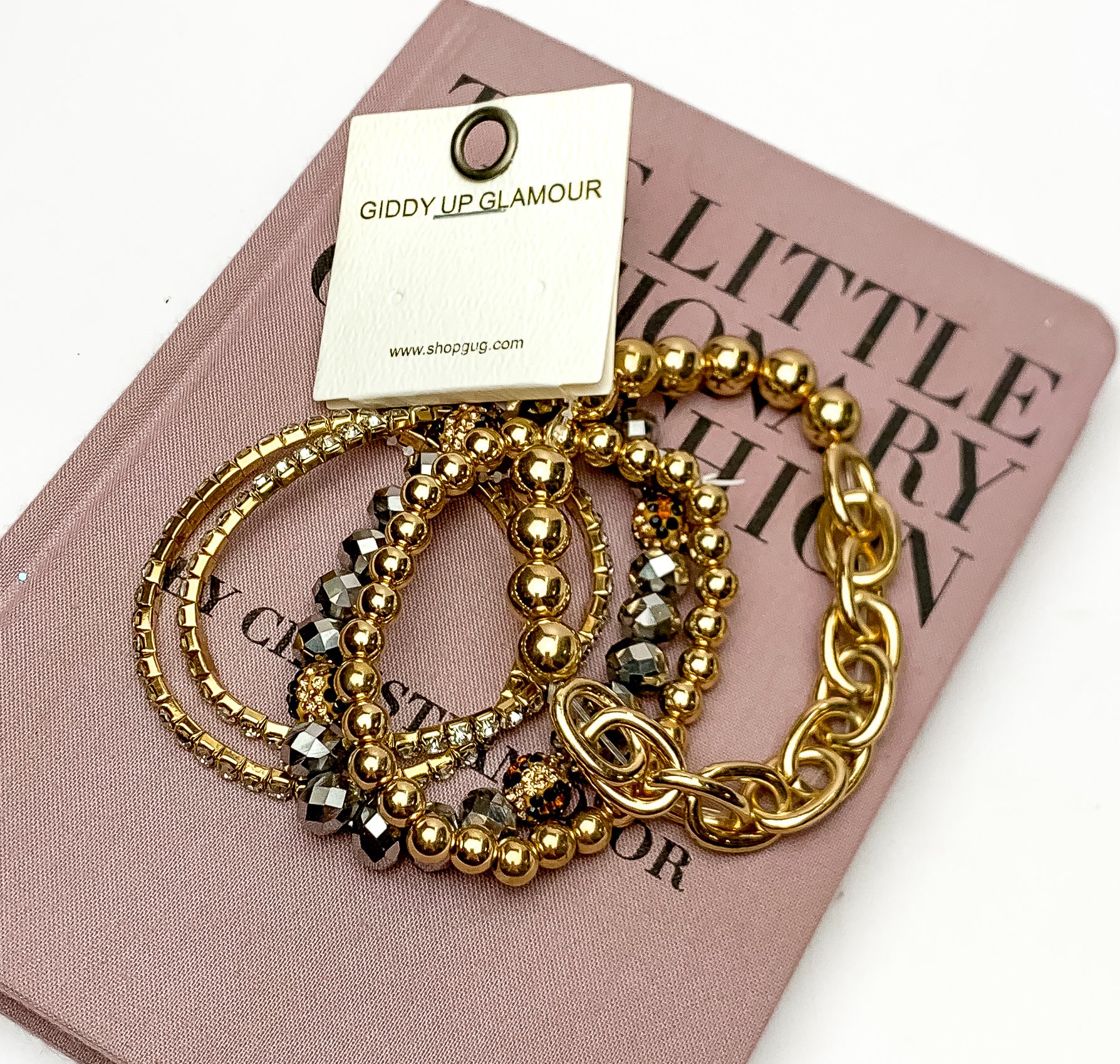 Set of Five | Crystal and Chain Beaded Bracelets in Gold Tone and Brown - Giddy Up Glamour Boutique