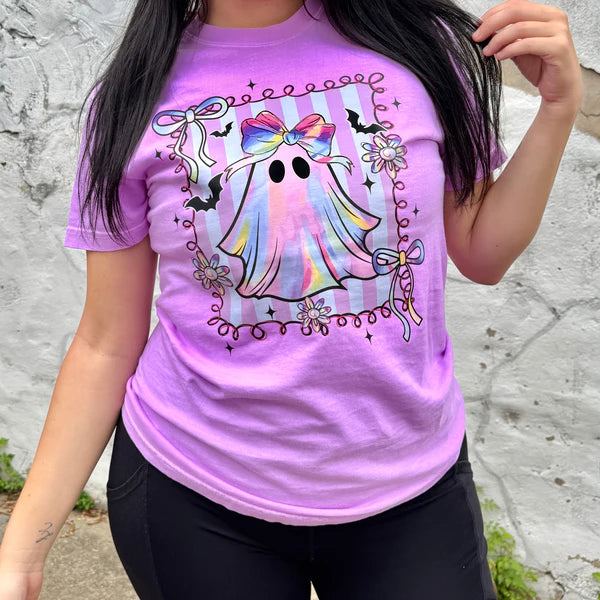 Online Exclusive | Neon Preppy Ghost Graphic on Short Sleeve Comfort Color Tee in Neon Violet