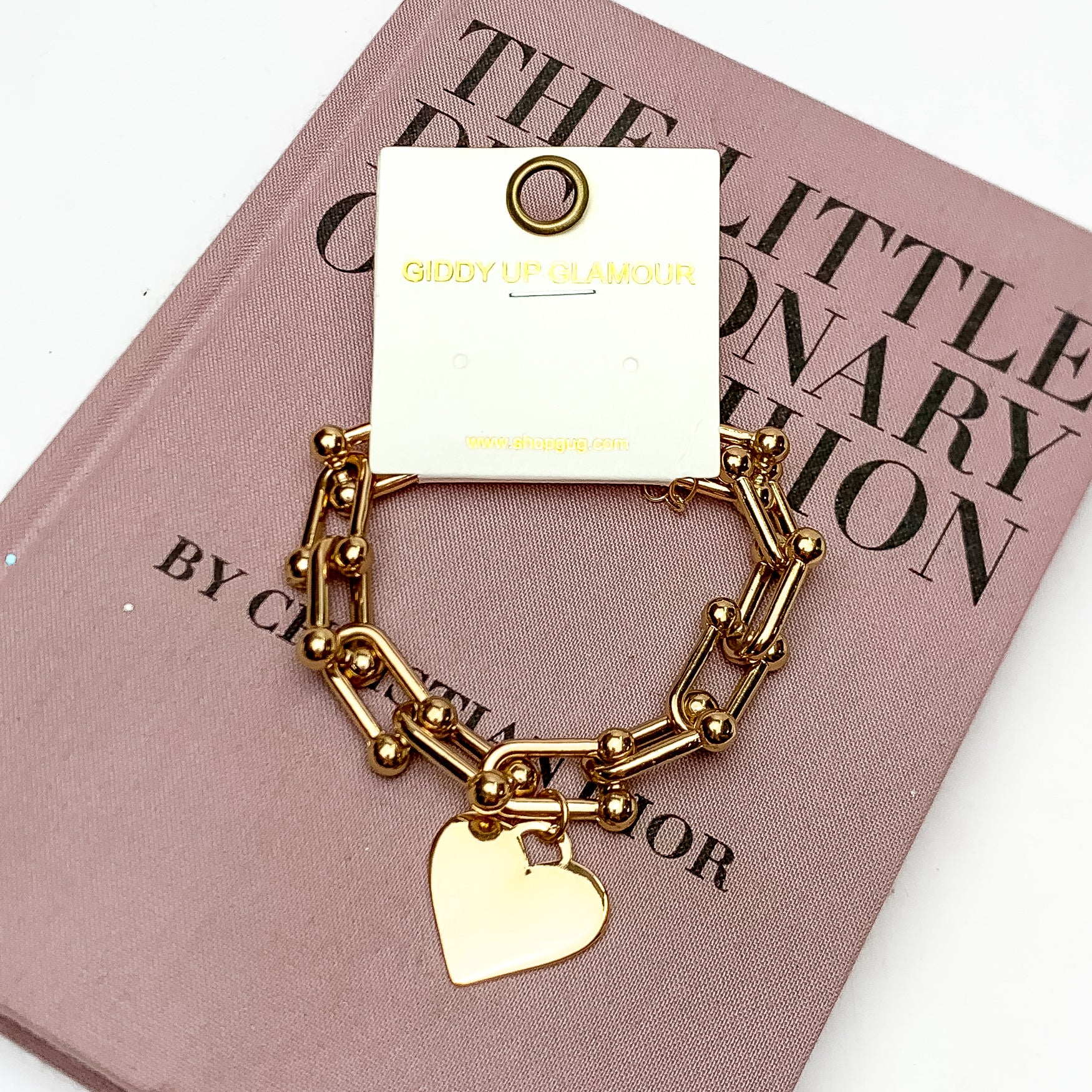 Gold Tone Chain Bracelet with Heart Pendant - Giddy Up Glamour Boutique
