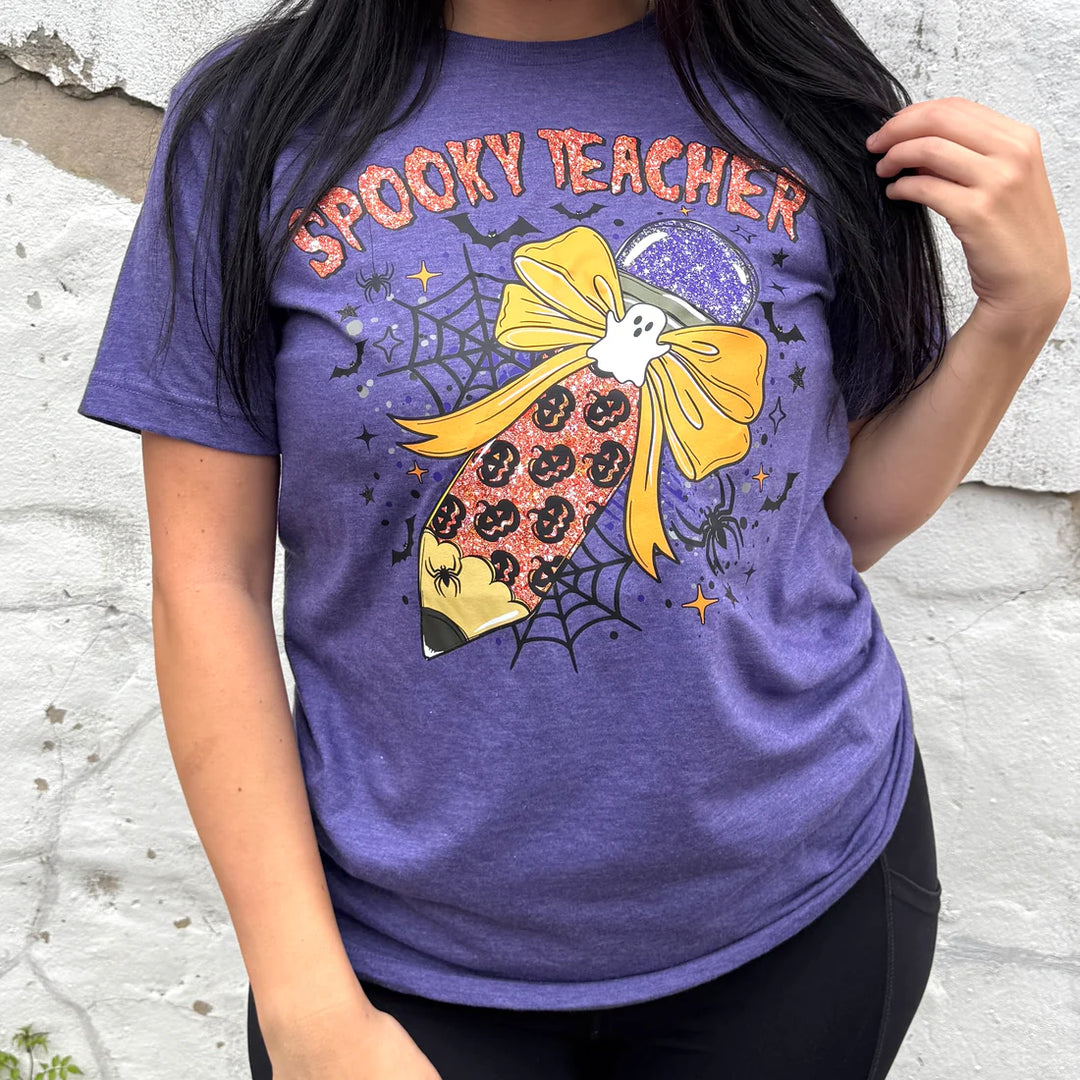 Online Exclusive | Spooky Teacher Short Sleeve Graphic Tee in Heather Purple