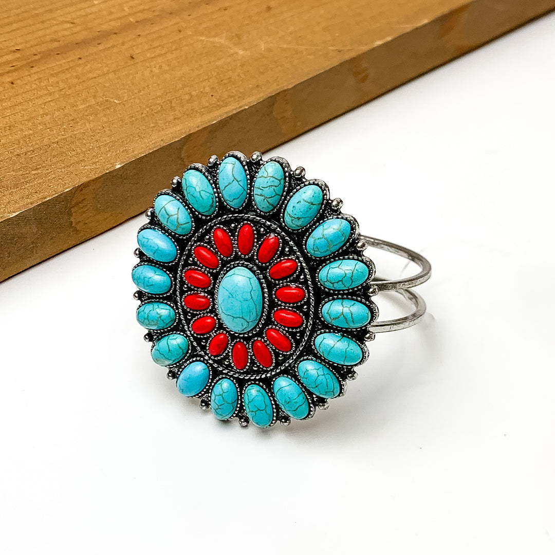 Turquoise Blue and Red Stone Circle Concho Hinge Bracelet - Giddy Up Glamour Boutique