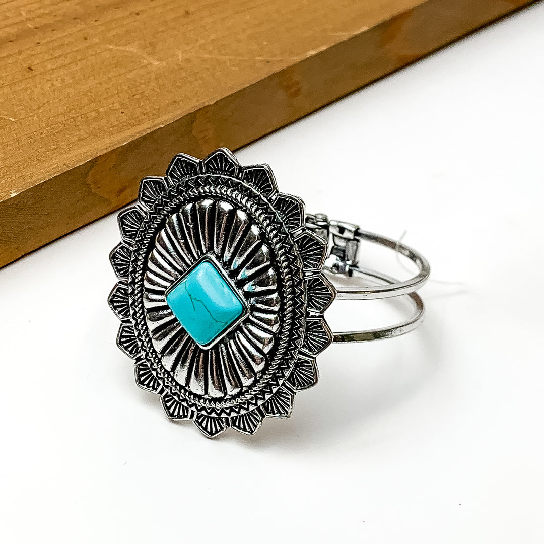 Silver Tone Western Oval Hinge Bracelet with Turquoise Blue Stone - Giddy Up Glamour Boutique