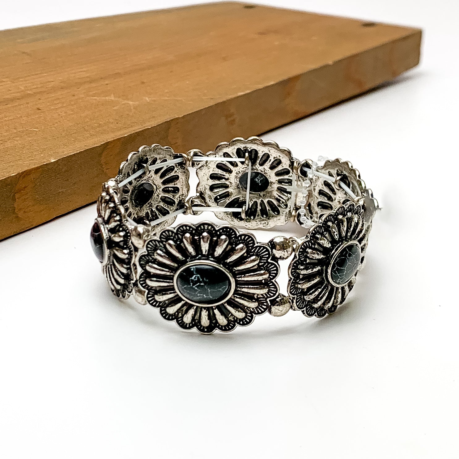 Silver Tone Concho Bracelets with Center Stones in Black - Giddy Up Glamour Boutique