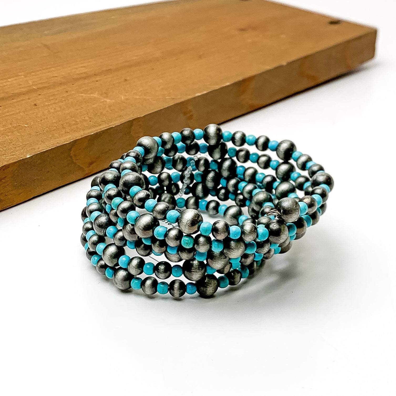 Wrap Around Beaded Bracelet in Silver Tone and Turquoise Blue - Giddy Up Glamour Boutique
