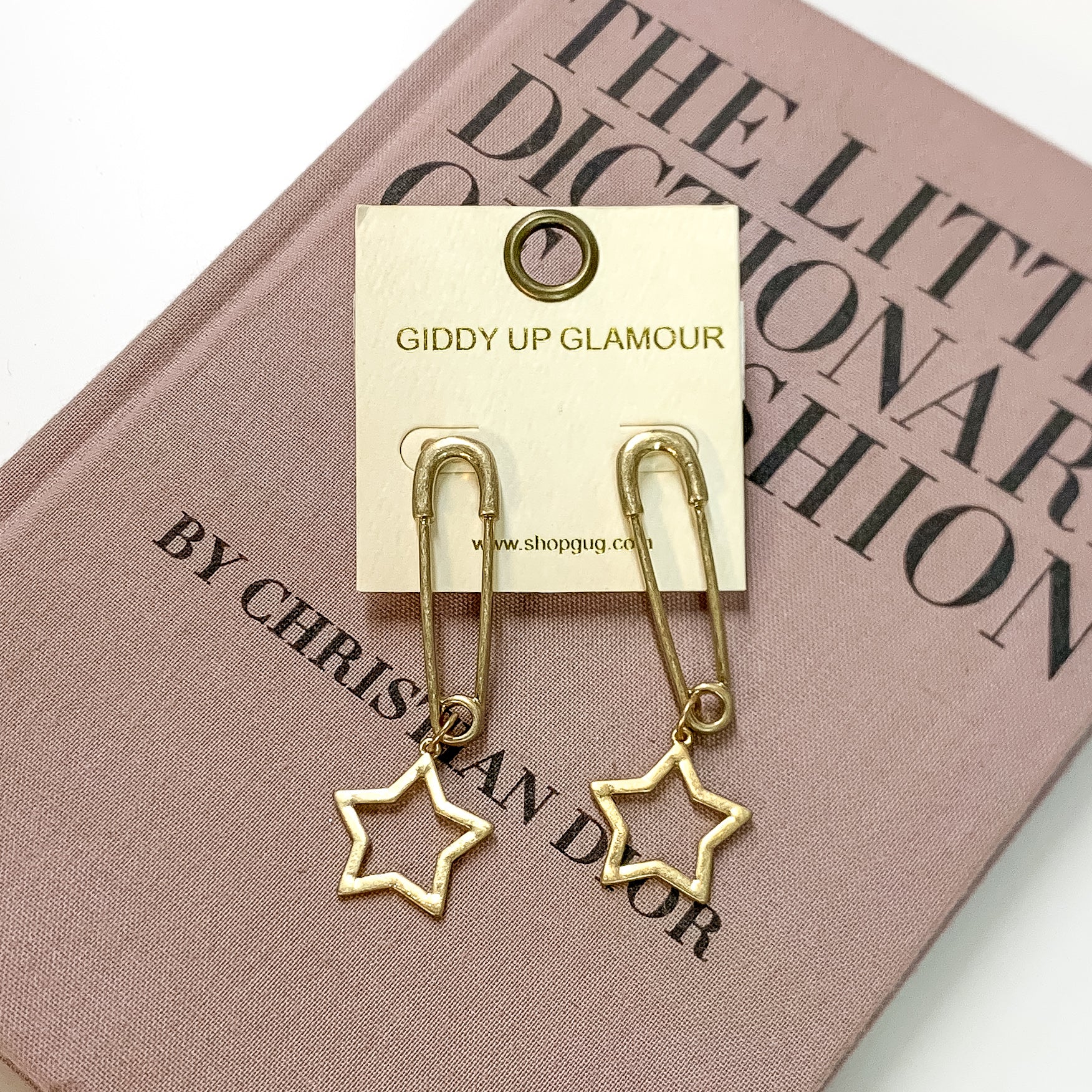 Gold Tone Safety Pin Earrings with Star Charms - Giddy Up Glamour Boutique