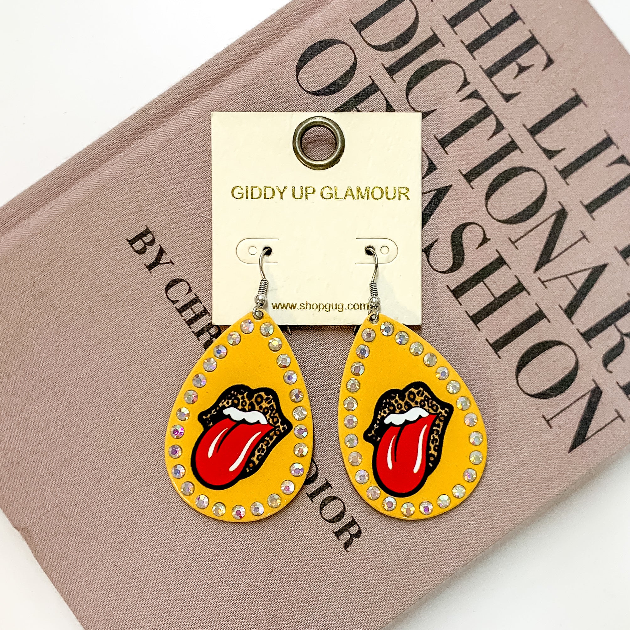 Rock On Metal Teardrop Earrings with Leopard Print in Mustard Yellow