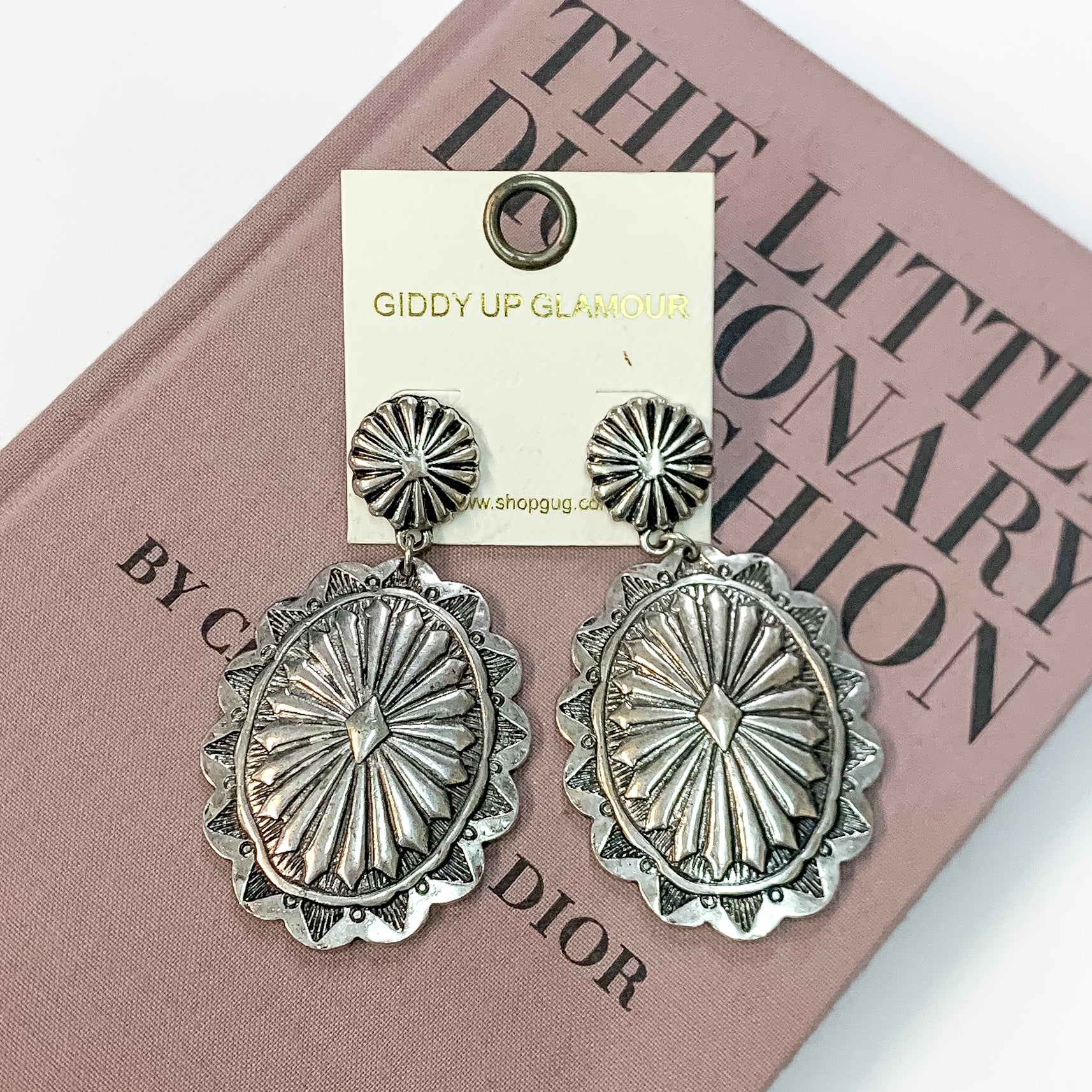 Oval Concho Post Earrings in Silver Tone - Giddy Up Glamour Boutique