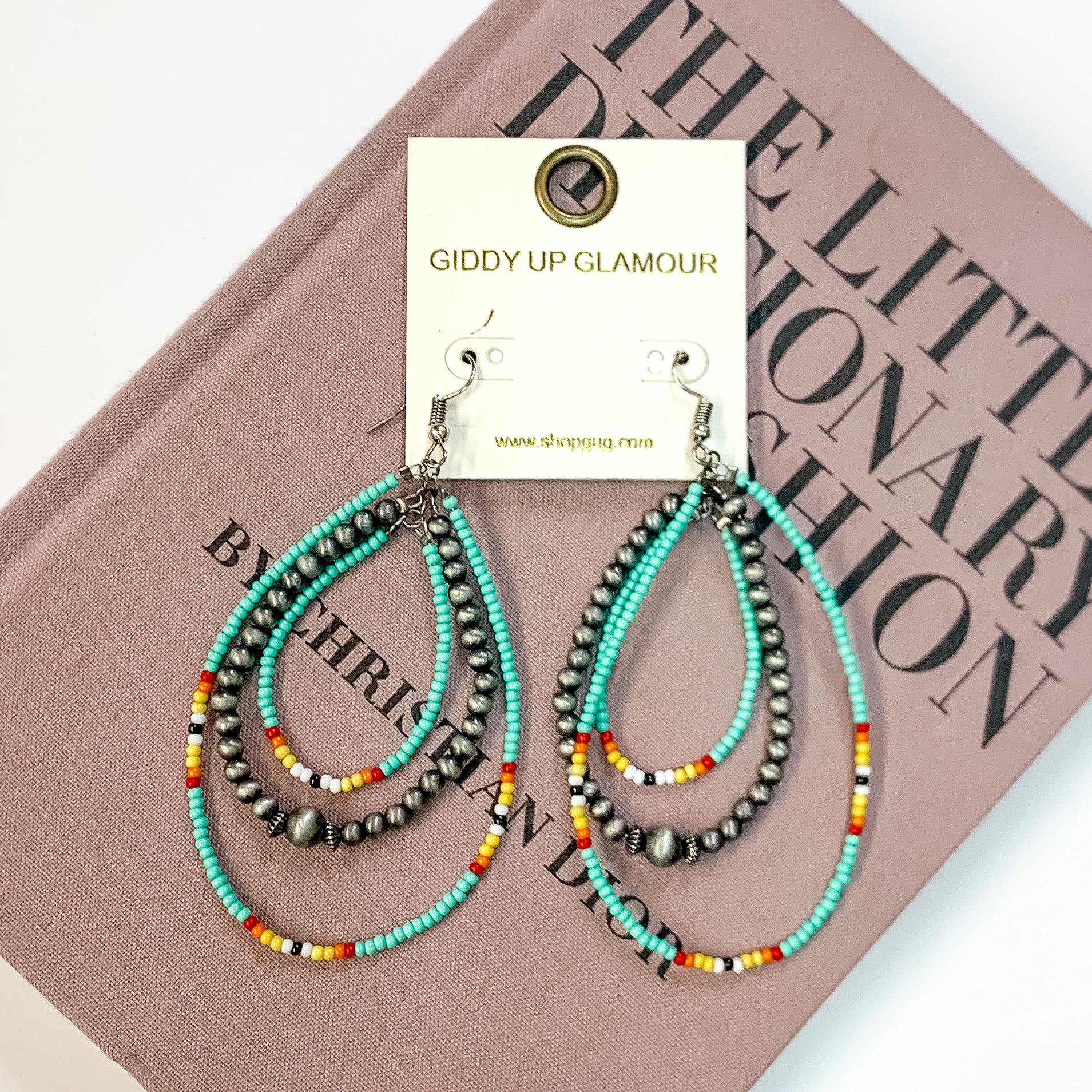 Aztec Seed Beaded Teardrop Earrings with Faux Navajo Beads in Turquoise Green