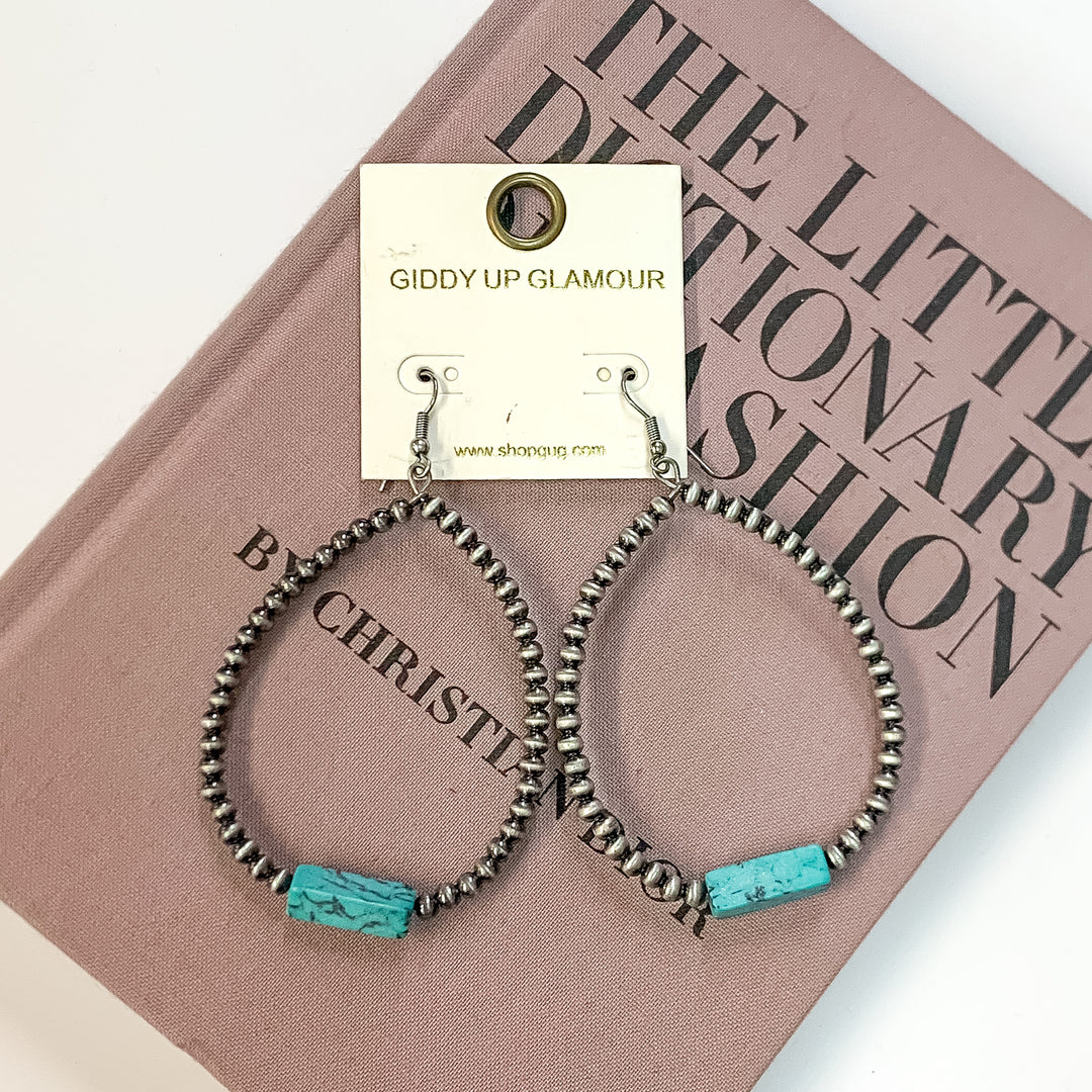 Open Beaded Teardrop earrings with Turquoise Blue Bar in Silver Tone - Giddy Up Glamour Boutique