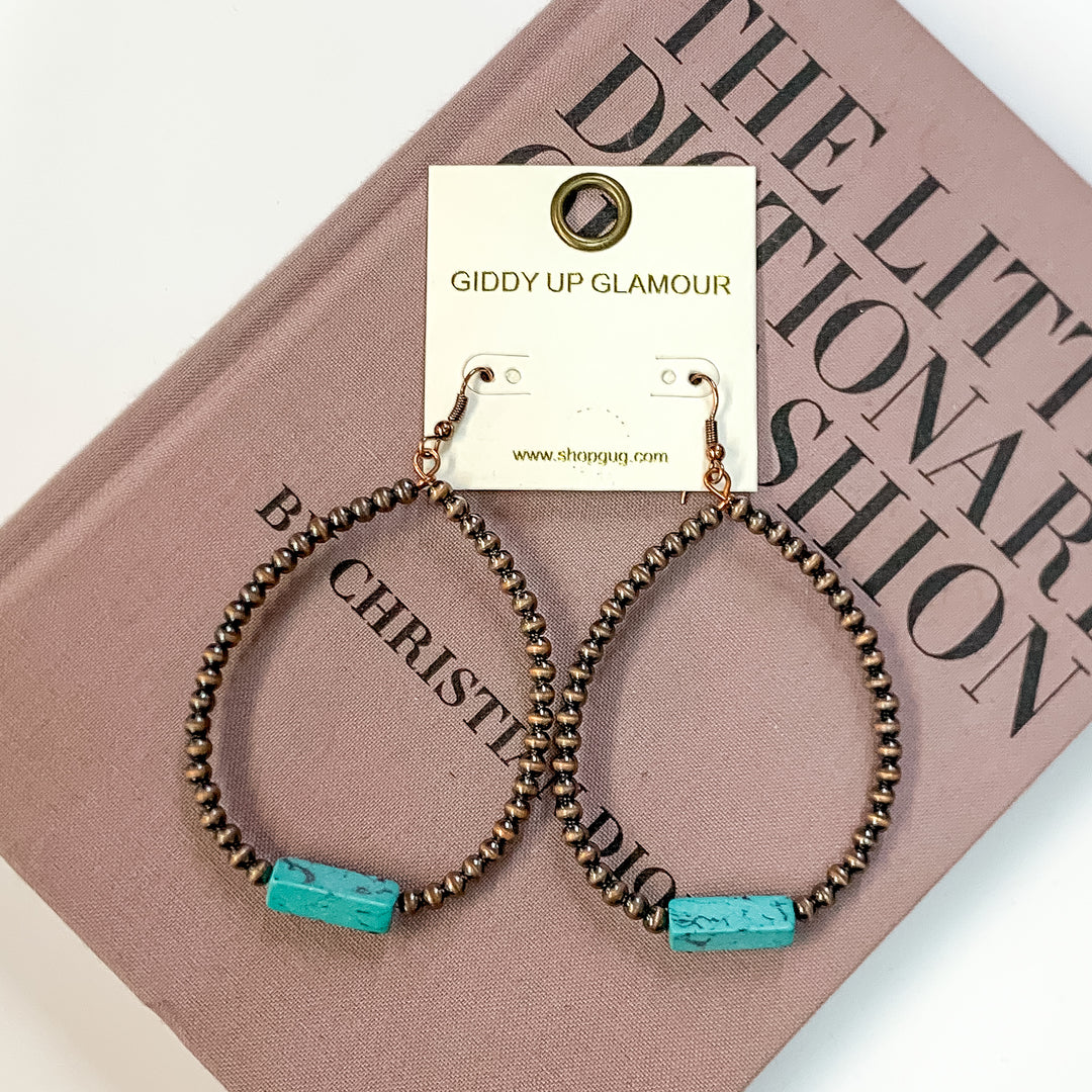 Open Beaded Teardrop earrings with Turquoise Blue Bar in Copper Tone - Giddy Up Glamour Boutique