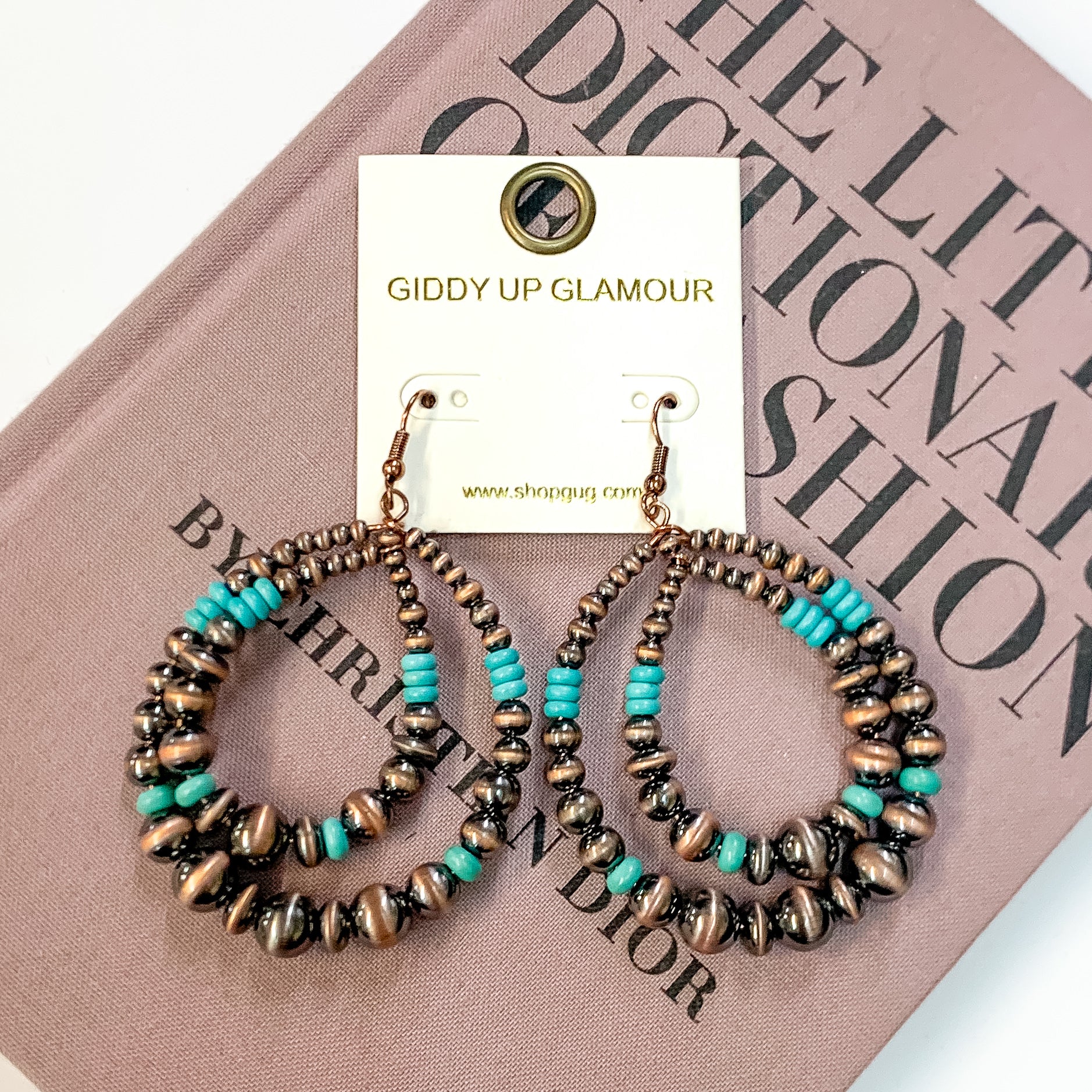 Beaded Teardrop Earrings with Turquoise Blue Spacers in Copper Tone