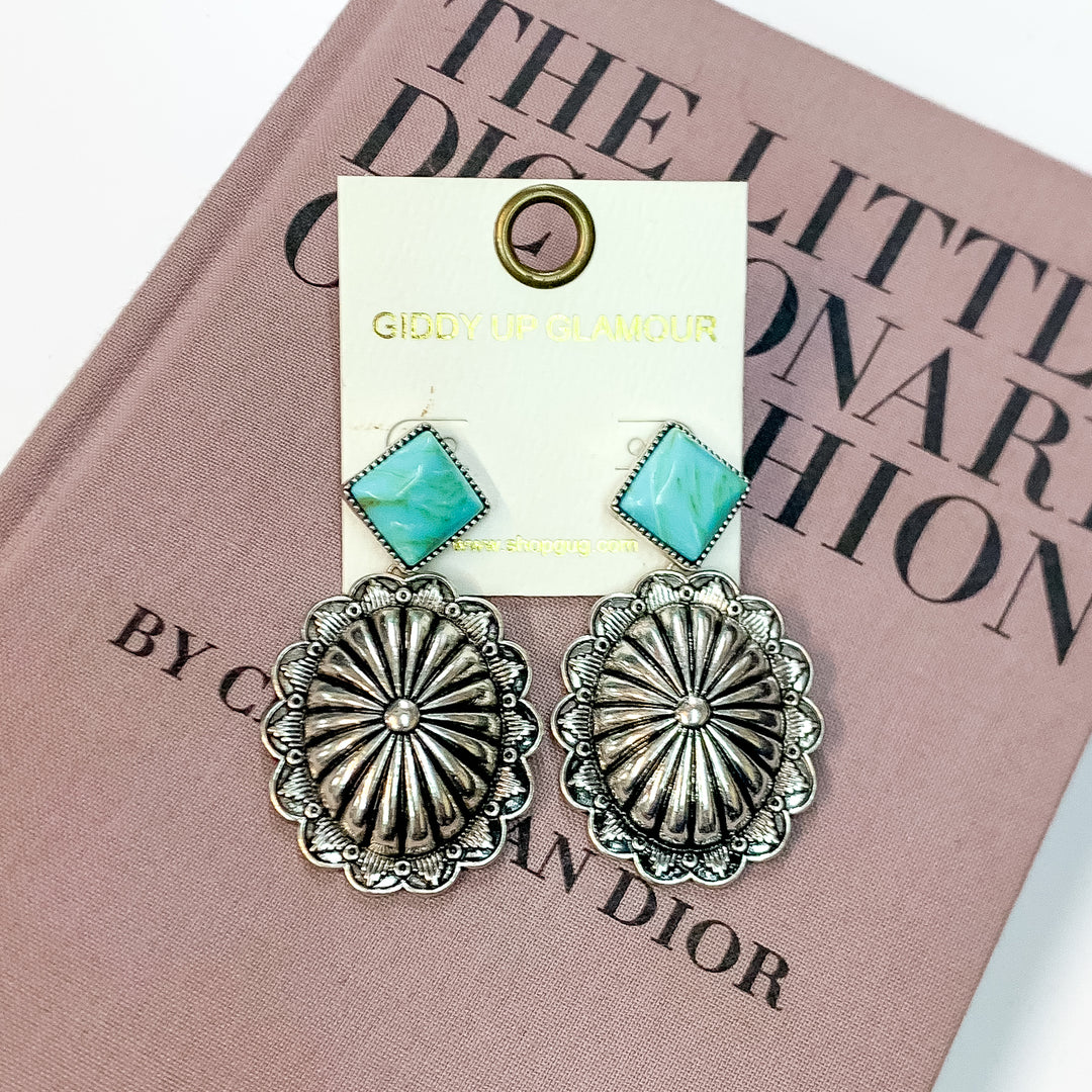Moonstruck Silver Tone Concho Drop Earrings with Agate Stone Post in Turquoise - Giddy Up Glamour Boutique