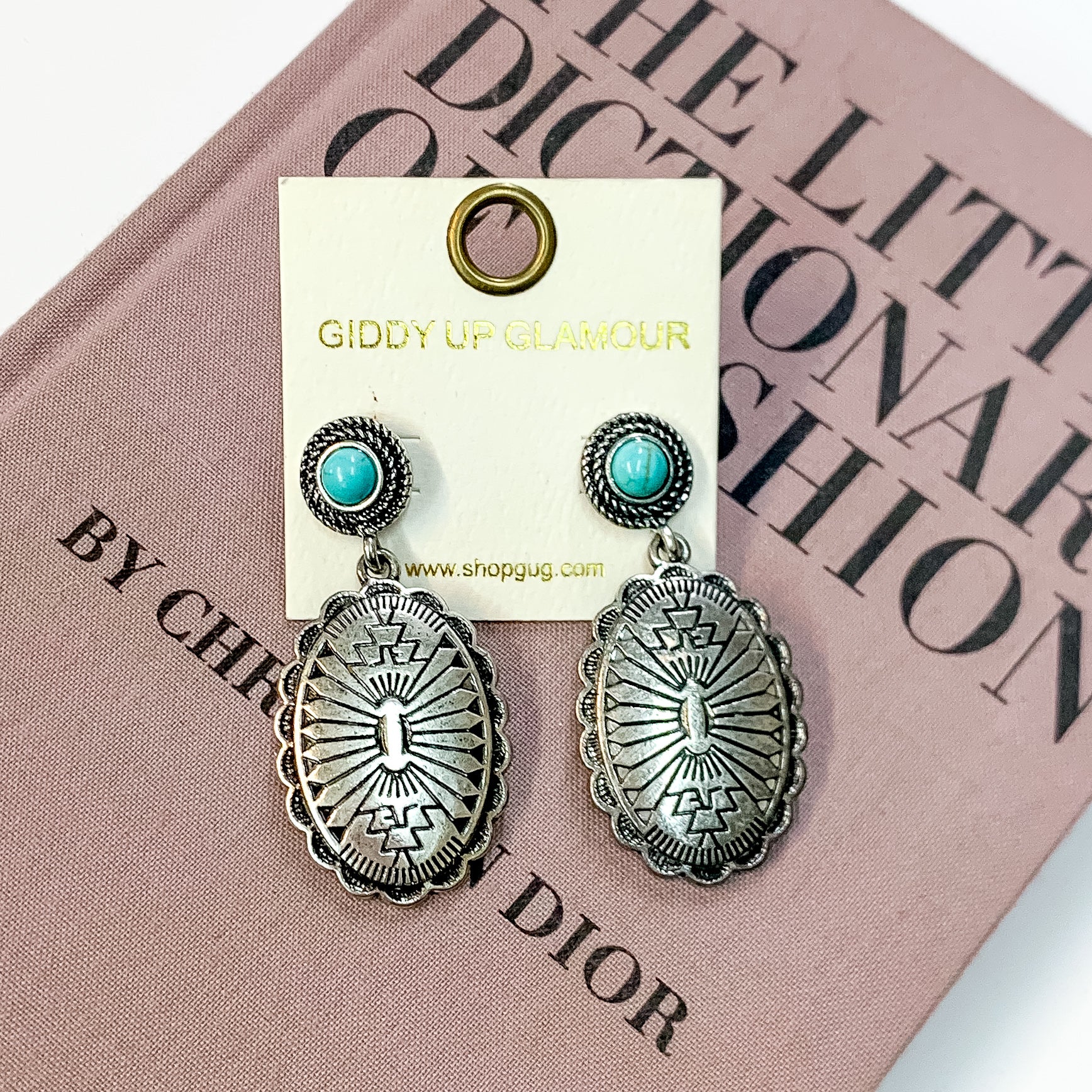 Small Turquoise Blue Stud Earrings with Oval Concho Drop in Silver Tone - Giddy Up Glamour Boutique