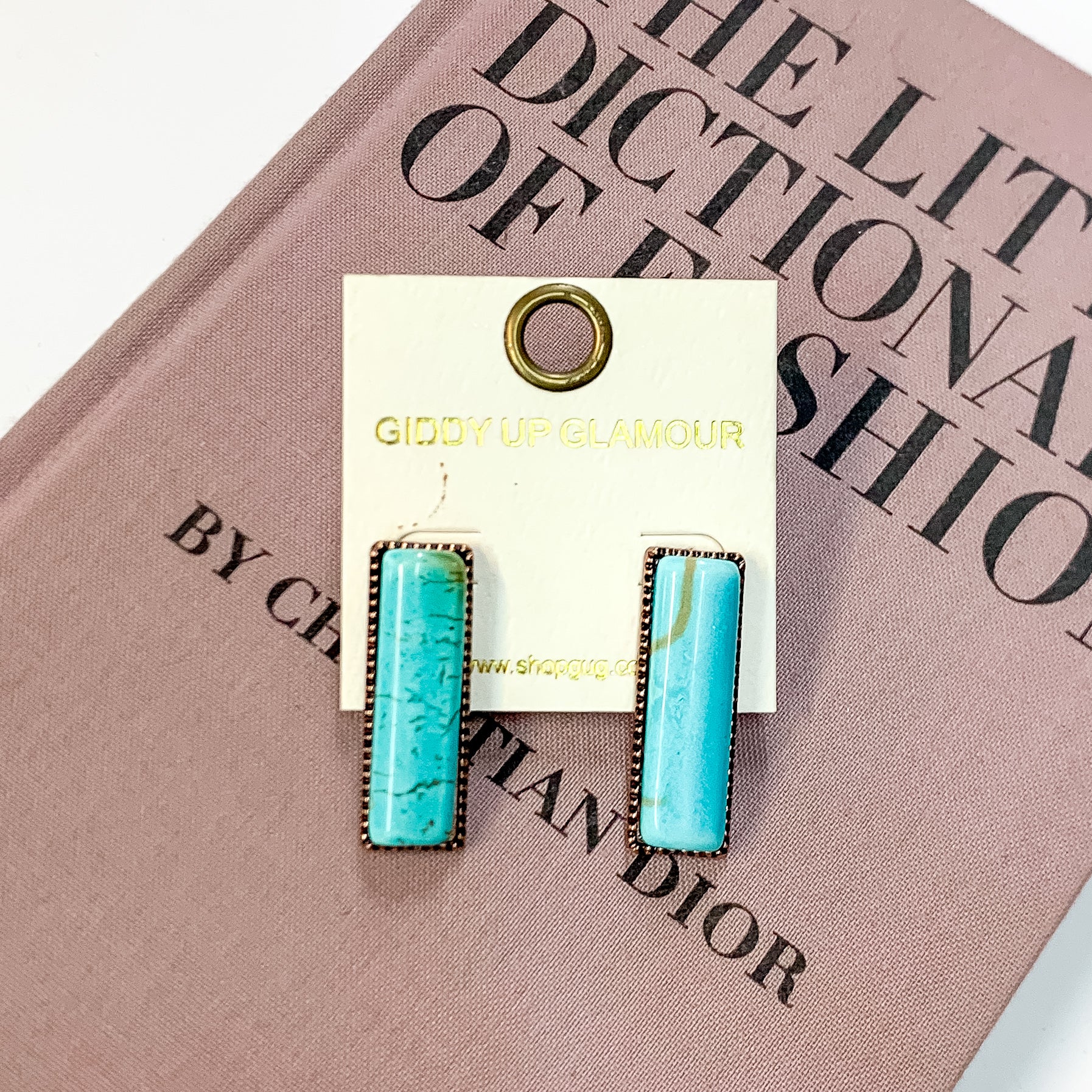 Medium Rectangle Faux Stone Copper Tone Earrings in Turquoise Blue - Giddy Up Glamour Boutique