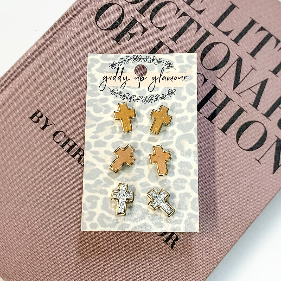 Druzy Cross Stud Earring Set in a Neutral Mix - Giddy Up Glamour Boutique