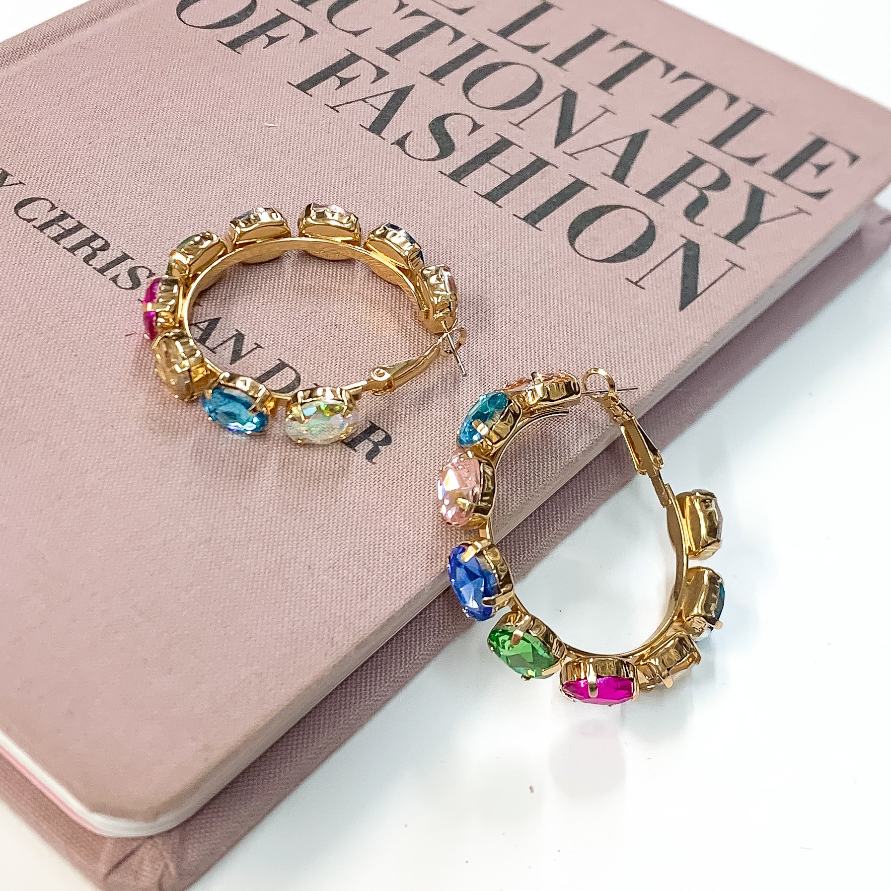 Pink Panache | Gold Tone Hoop Earrings with Multicolored Oval Crystals - Giddy Up Glamour Boutique