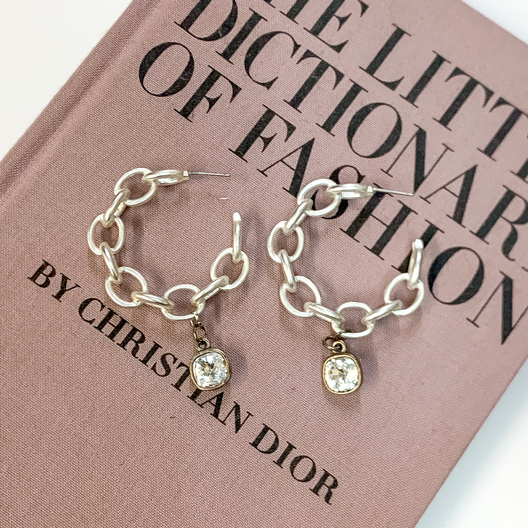 Pink Panache | Chain Link Hoops with Clear Cushion Cut Crystal Dangle in Silver Tone - Giddy Up Glamour Boutique