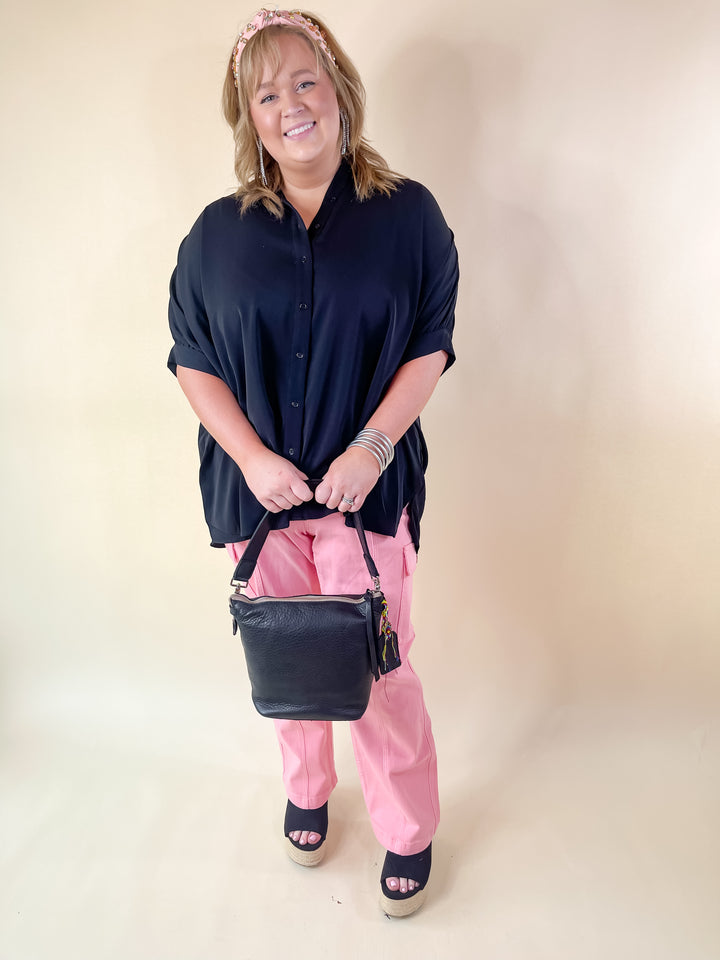 City Lifestyle Button Up Half Sleeve Poncho Top in Black - Giddy Up Glamour Boutique