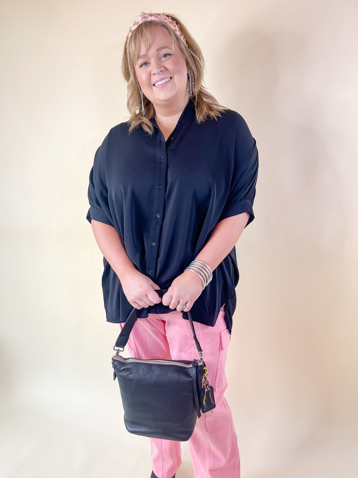 City Lifestyle Button Up Half Sleeve Poncho Top in Black - Giddy Up Glamour Boutique