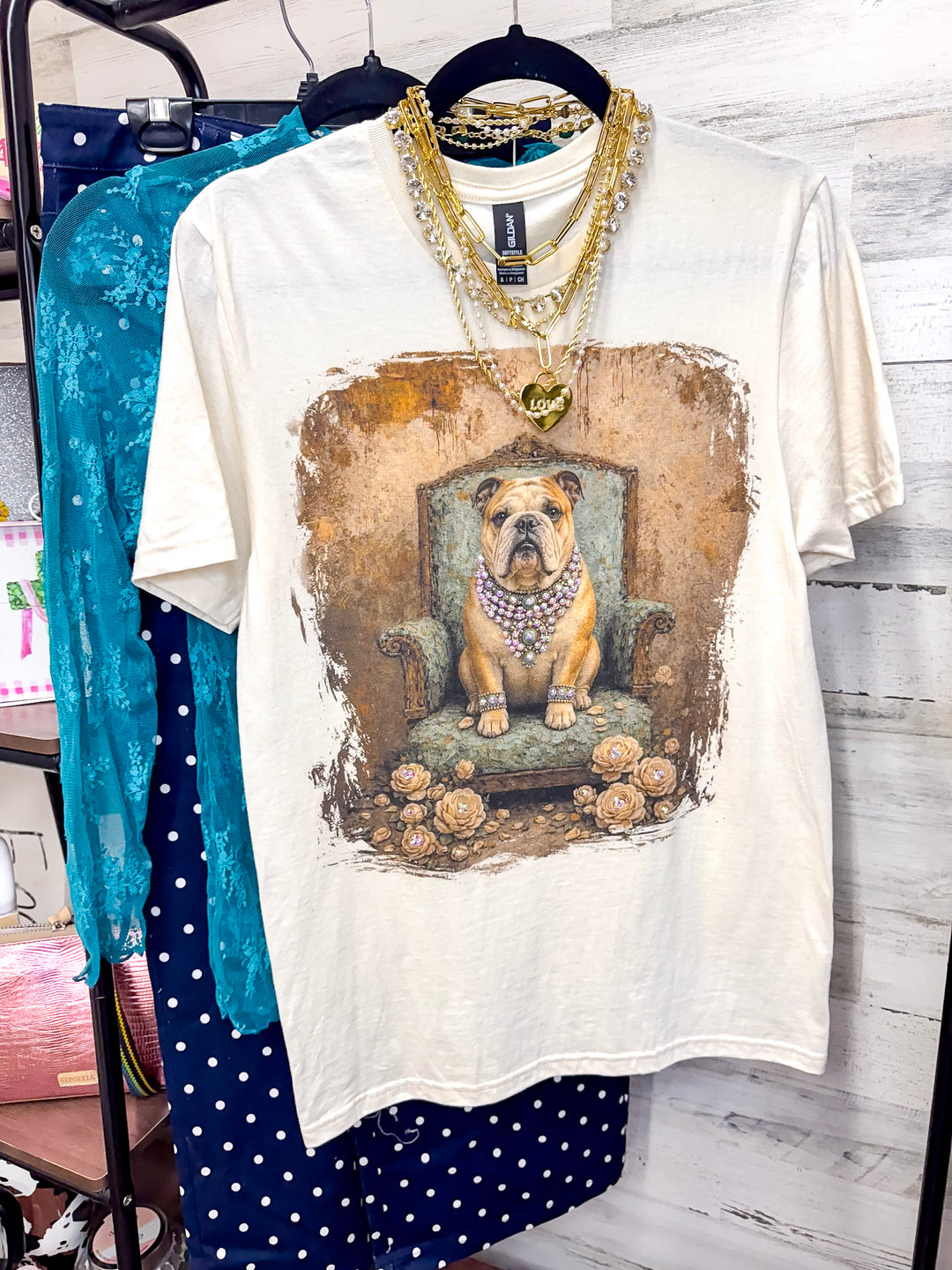Lady Francine the British Bulldog Printed Short Sleeve Graphic Tee with Crystals in Cream
