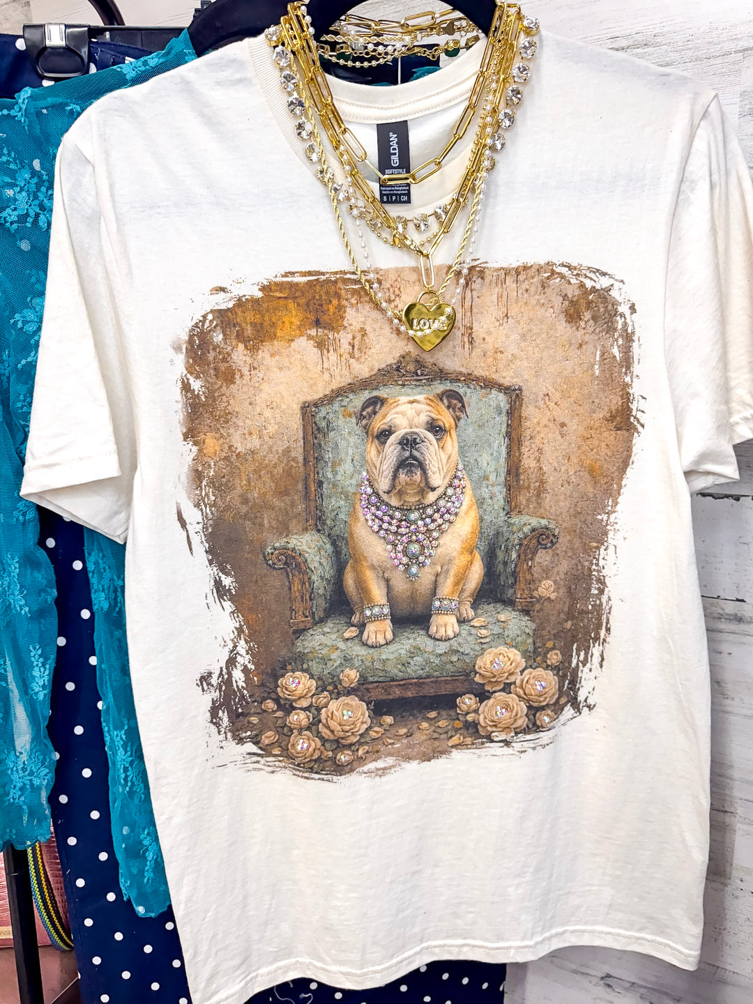 Lady Francine the British Bulldog Printed Short Sleeve Graphic Tee with Crystals in Cream