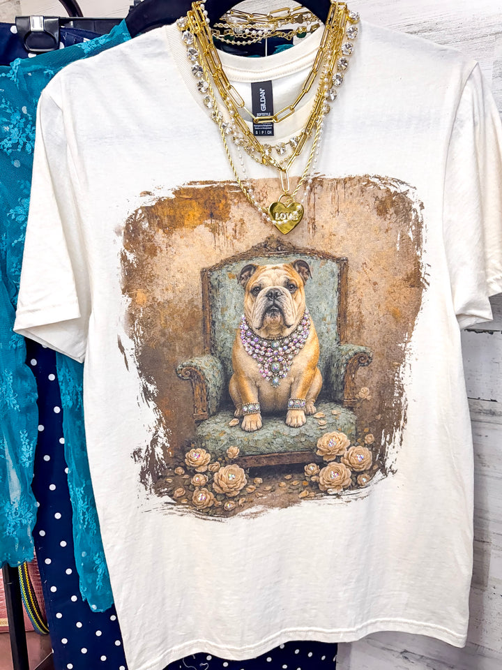 Lady Francine the British Bulldog Printed Short Sleeve Graphic Tee with Crystals in Cream