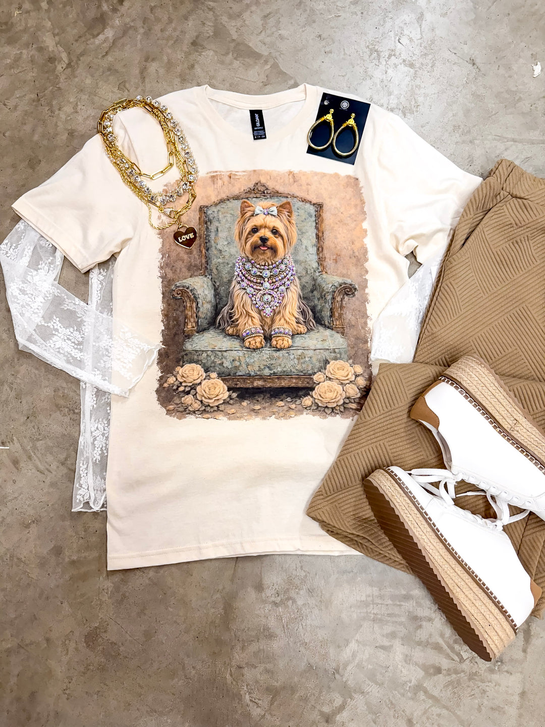 Prissy Penny Glam Turquoise Blue Yorkie Short Sleeve Graphic Tee with Crystals in Cream