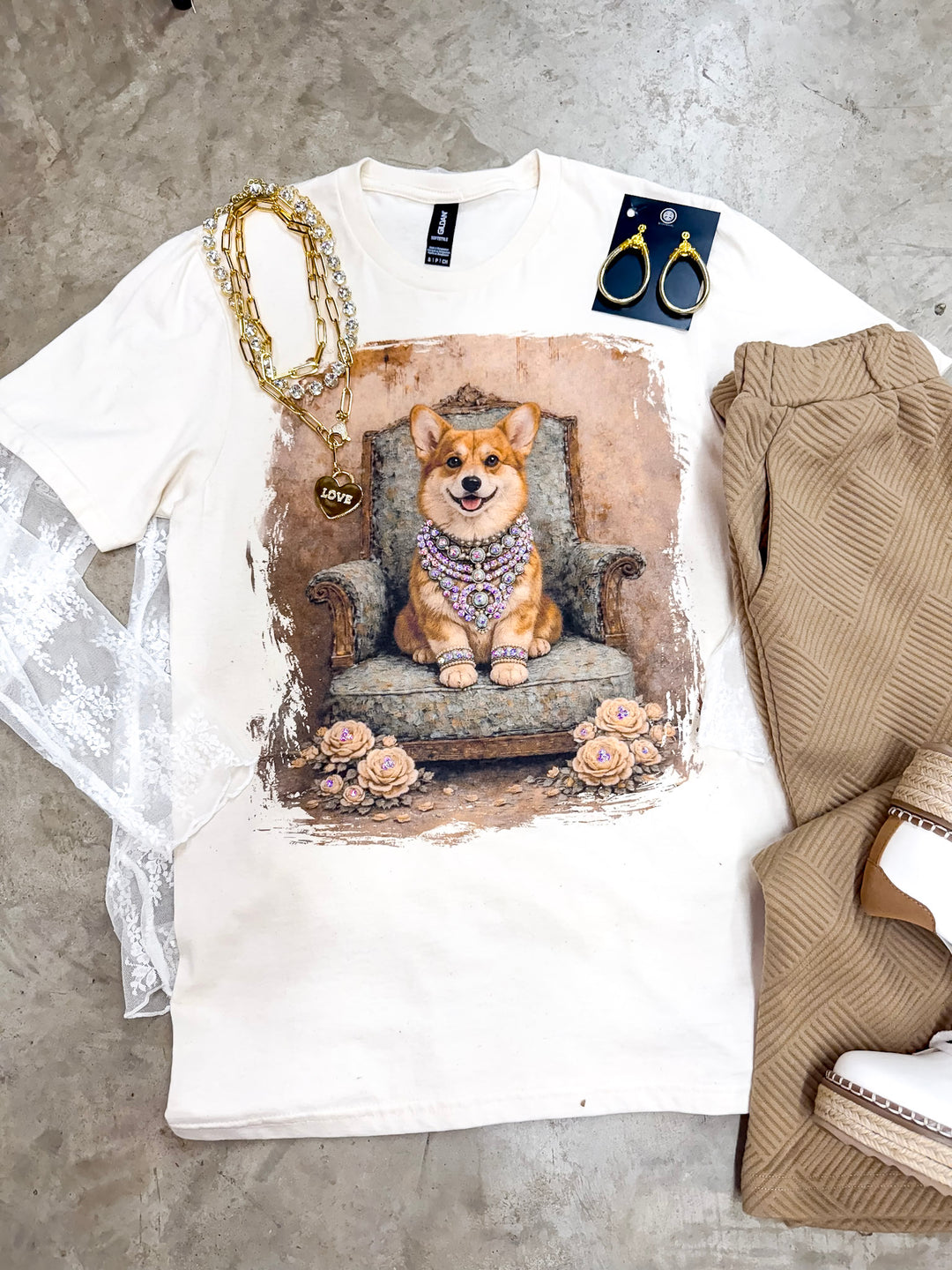 Charming Callie the Glam Corgi Printed Short Sleeve Graphic Tee with Crystals in Cream