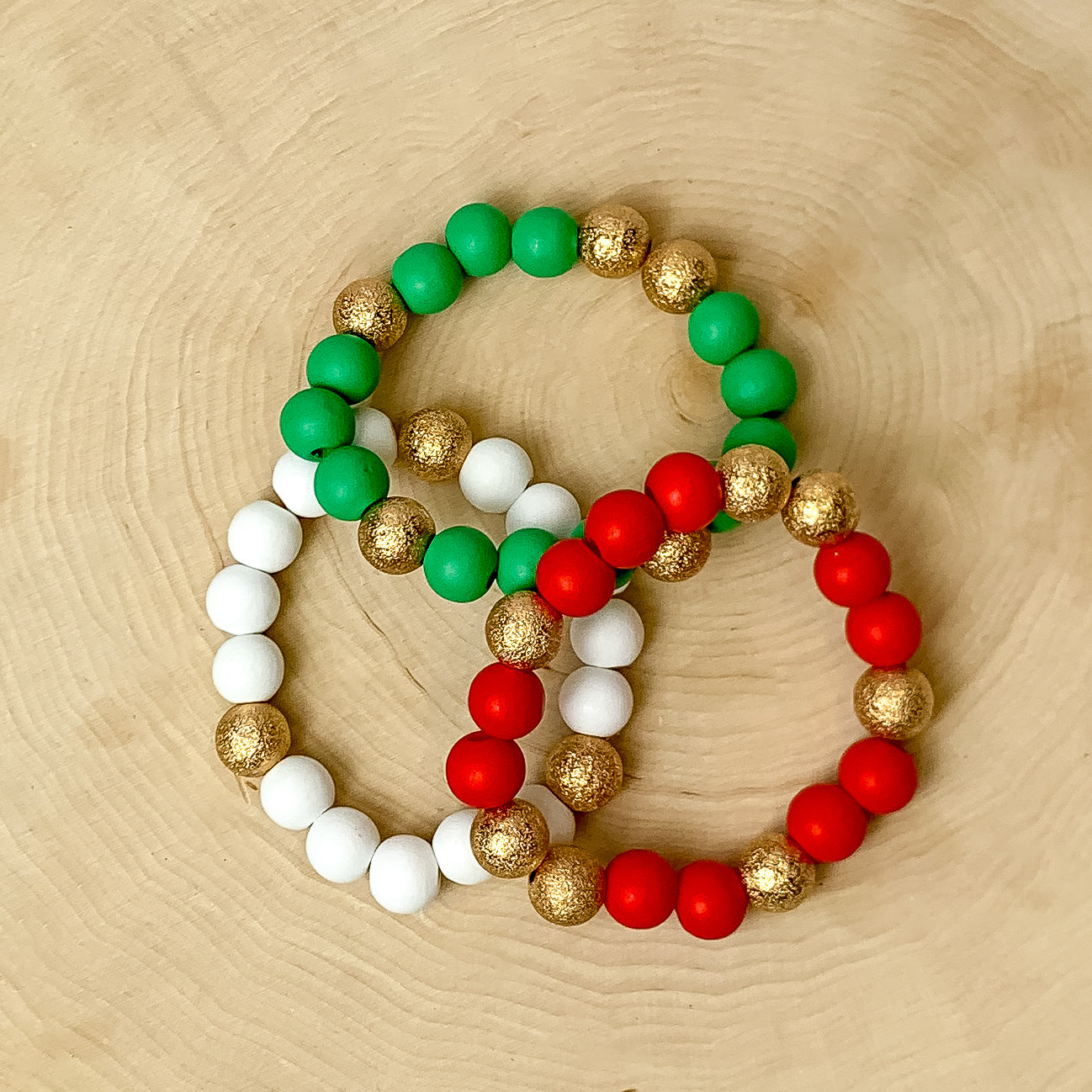 Coming To Town Set of 3 Stretchy Beaded Bracelets in Green, Red, and White - Giddy Up Glamour Boutique