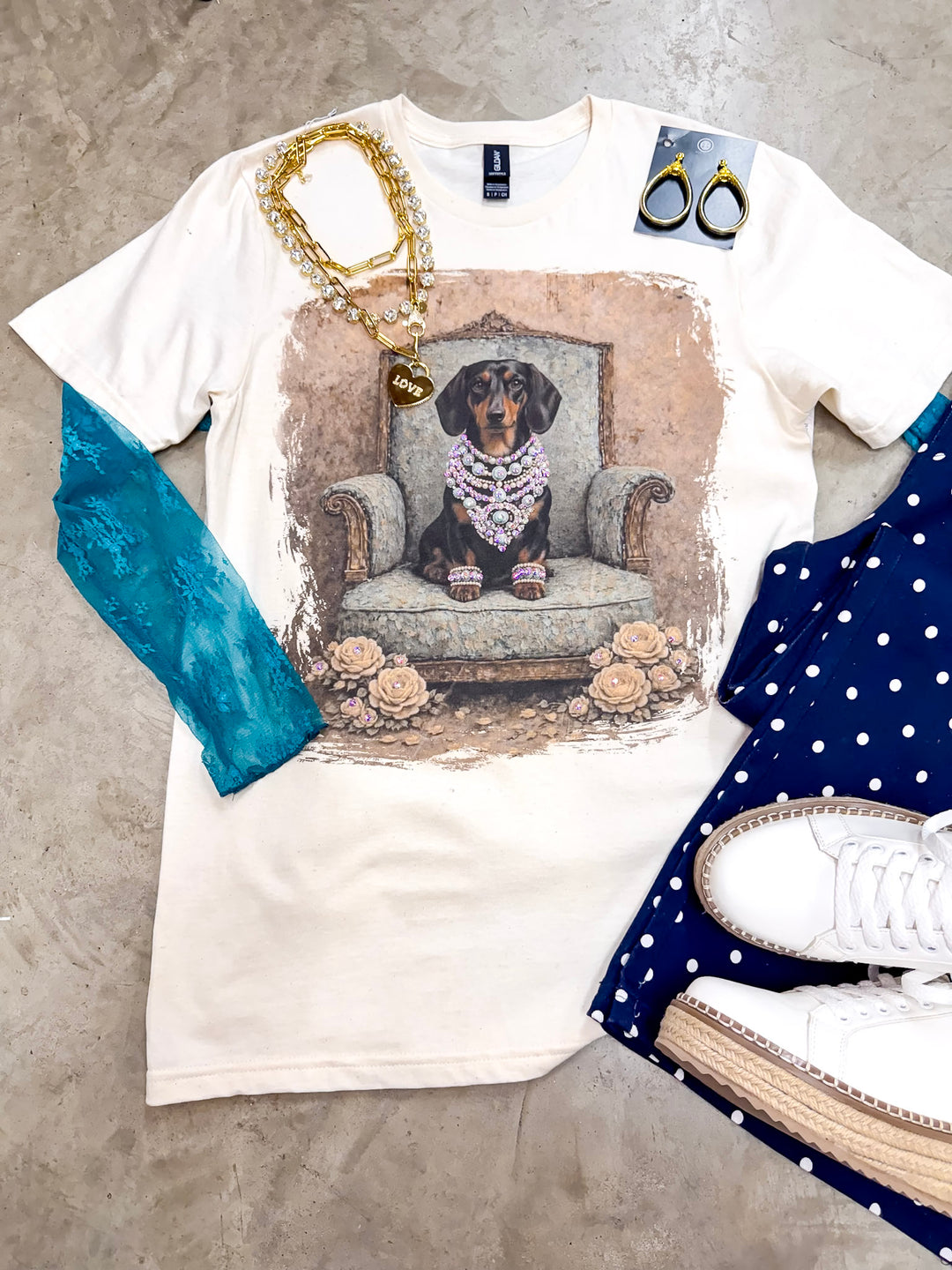 Duchess Desirae Glam Dachshund Dog Printed Short Sleeve Graphic Tee with Crystals in Cream