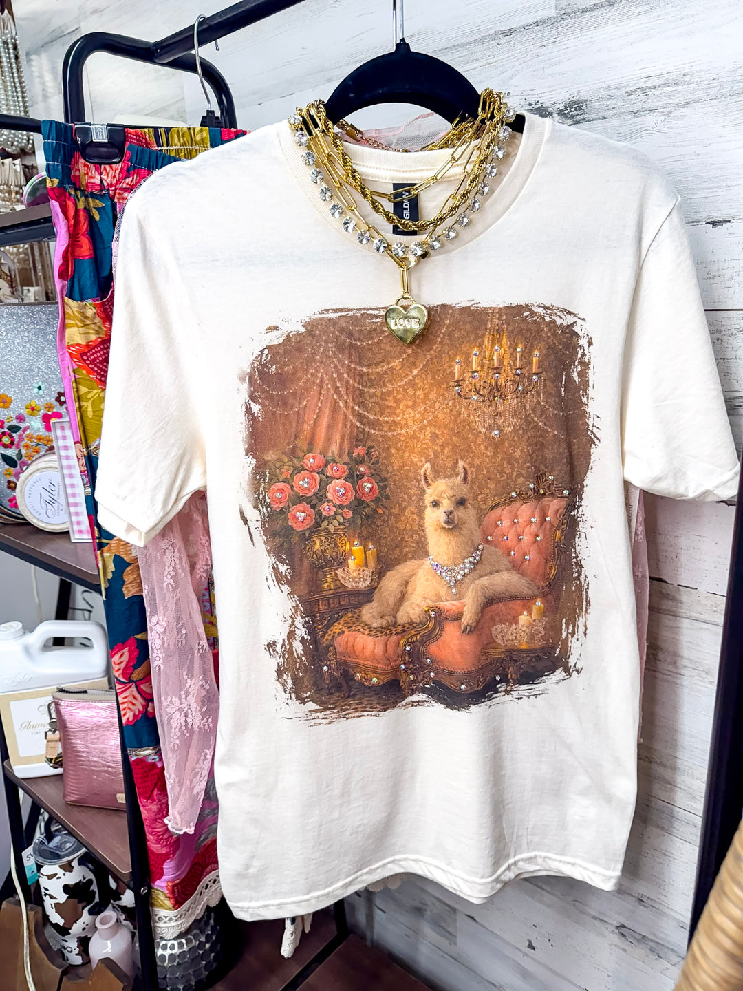 Lucy Lou Glam Pink Llama Short Sleeve Graphic Tee with Crystals in Cream