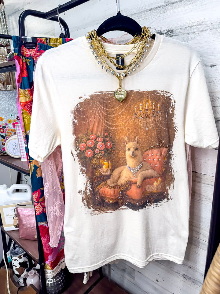 Lucy Lou Glam Pink Llama Short Sleeve Graphic Tee with Crystals in Cream
