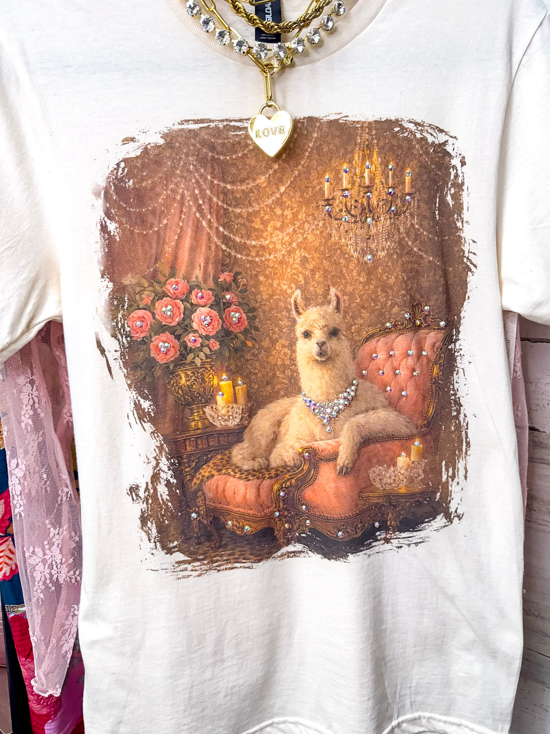 Lucy Lou Glam Pink Llama Short Sleeve Graphic Tee with Crystals in Cream