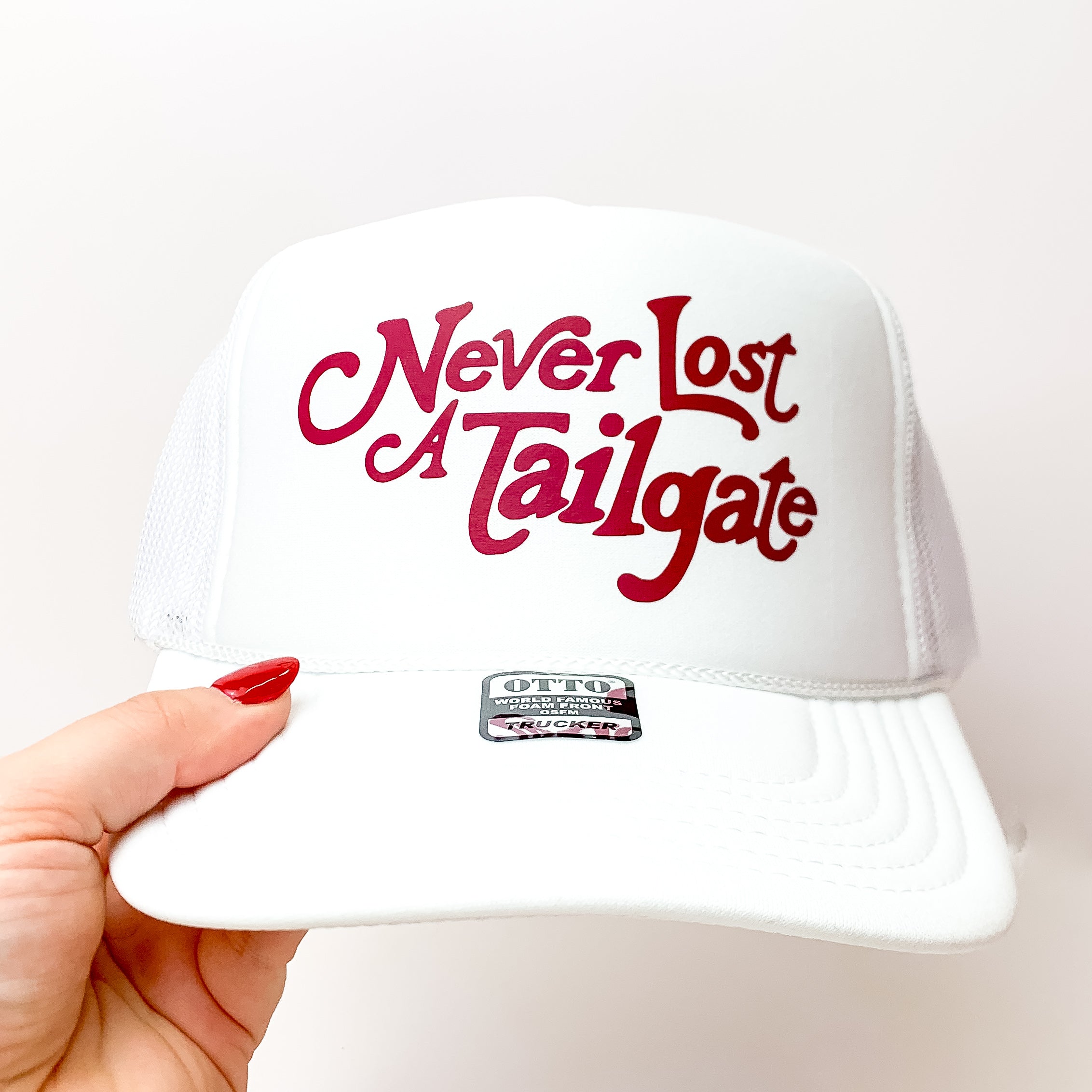 Never Lost A Tailgate foam Trucker Hat in Maroon and White - Giddy Up Glamour Boutique