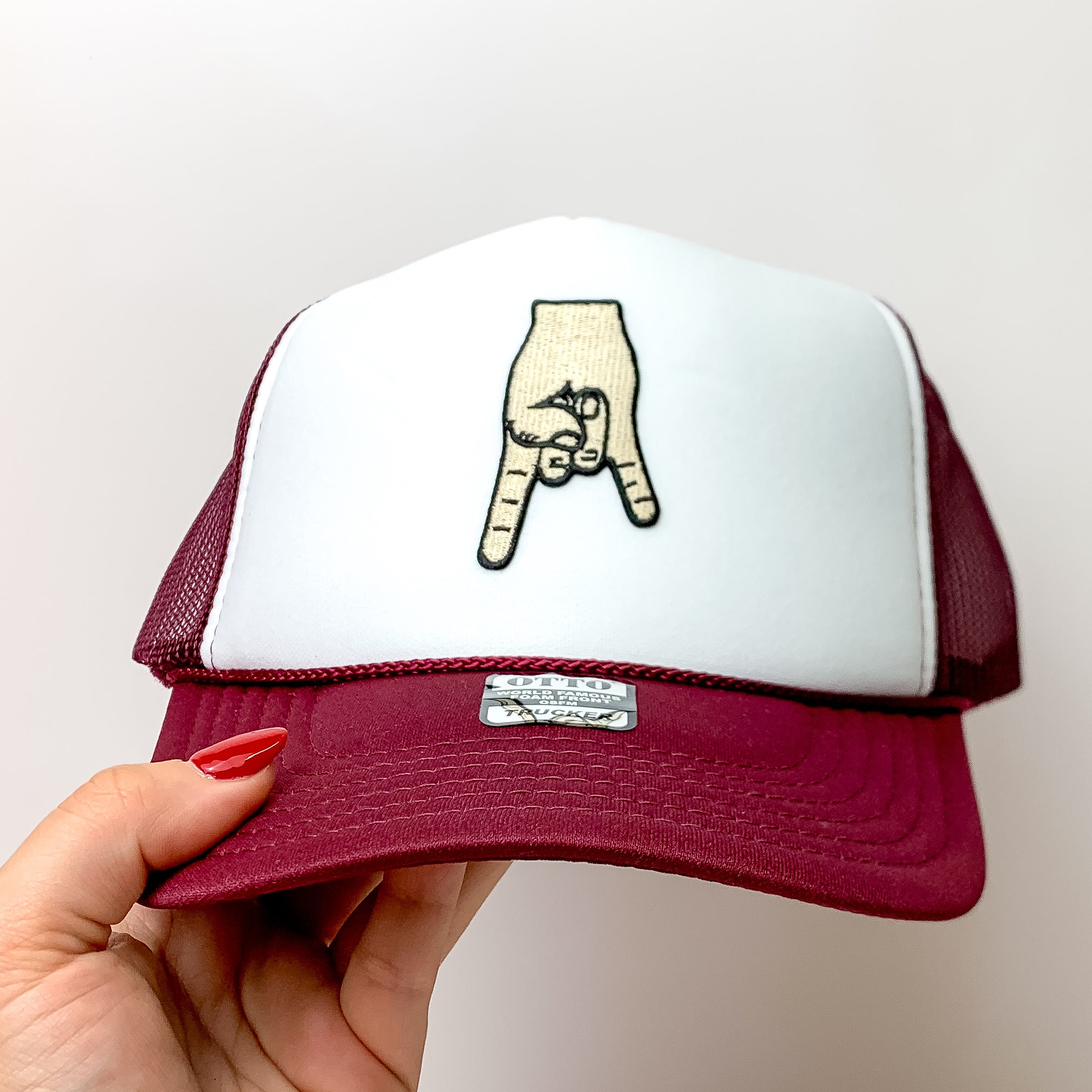 Horns Down Foam Trucker Hat in Maroon and White - Giddy Up Glamour Boutique