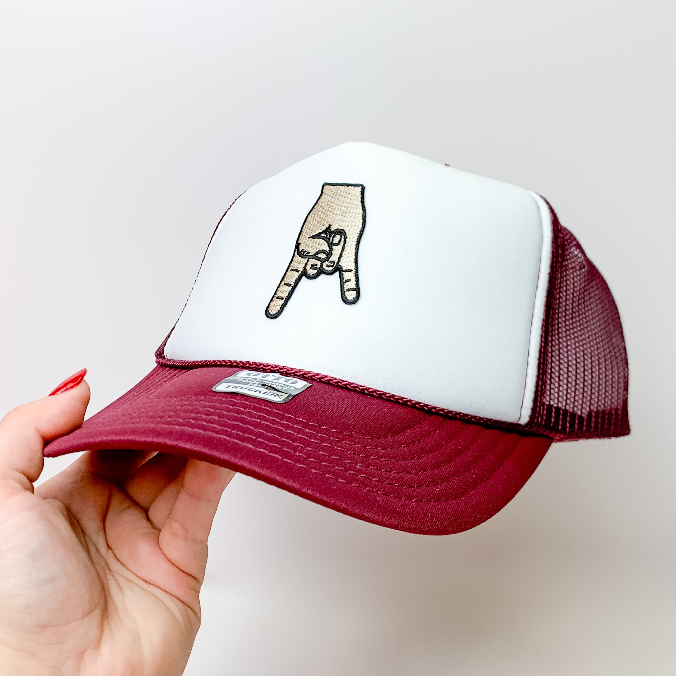 Horns Down Foam Trucker Hat in Maroon and White - Giddy Up Glamour Boutique