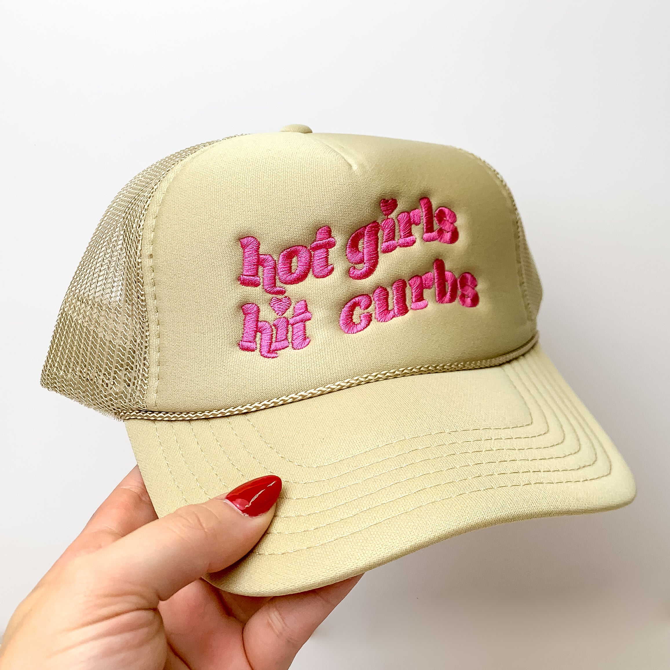 Hot Girls Hit Curbs Foam Trucker Hat in Pink and Cream - Giddy Up Glamour Boutique