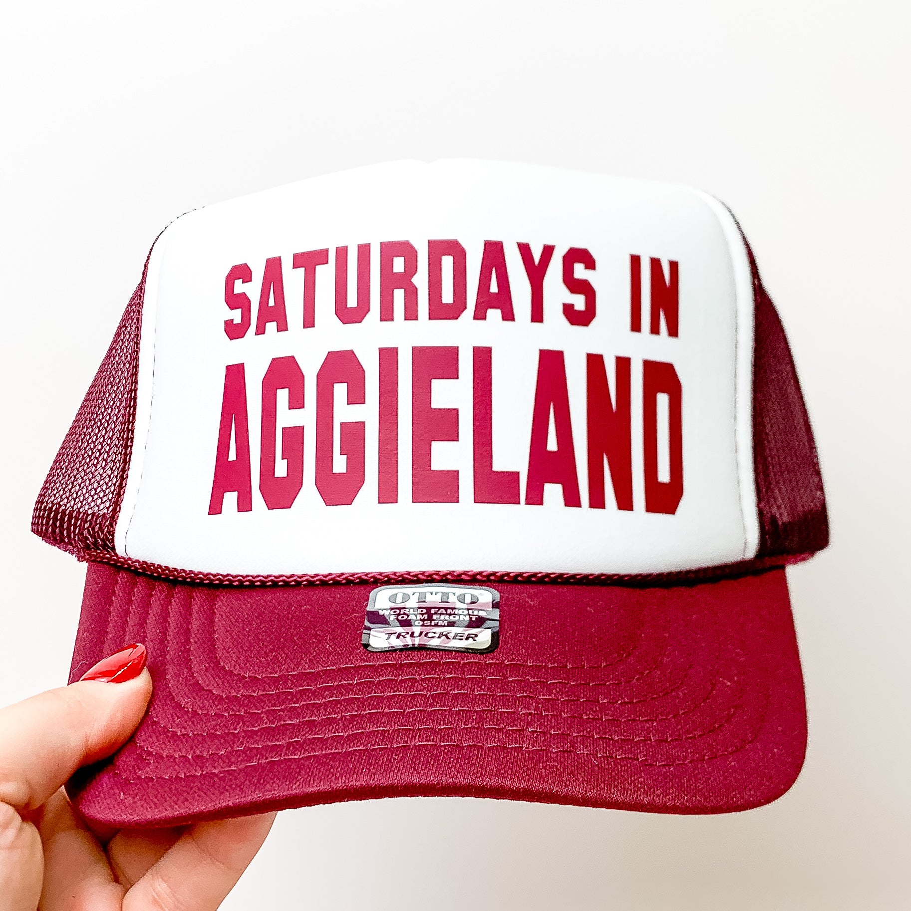 Saturdays In Aggieland Foam Trucker Hat in Maroon and White - Giddy Up Glamour Boutique