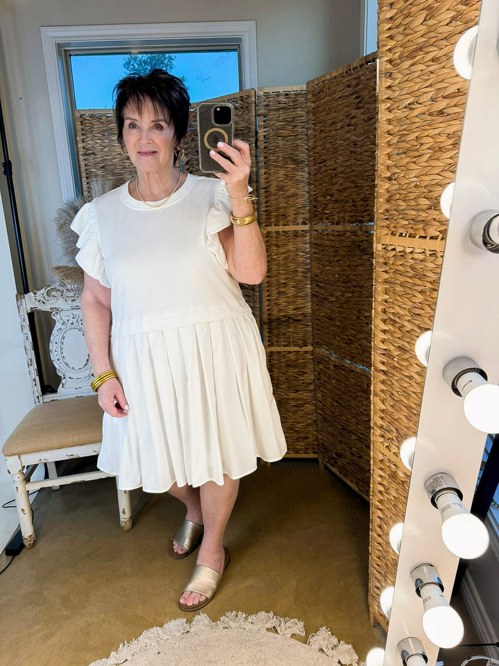 Simple Sophistication Solid Color Dress with Ruffle Cap Sleeves in Off White