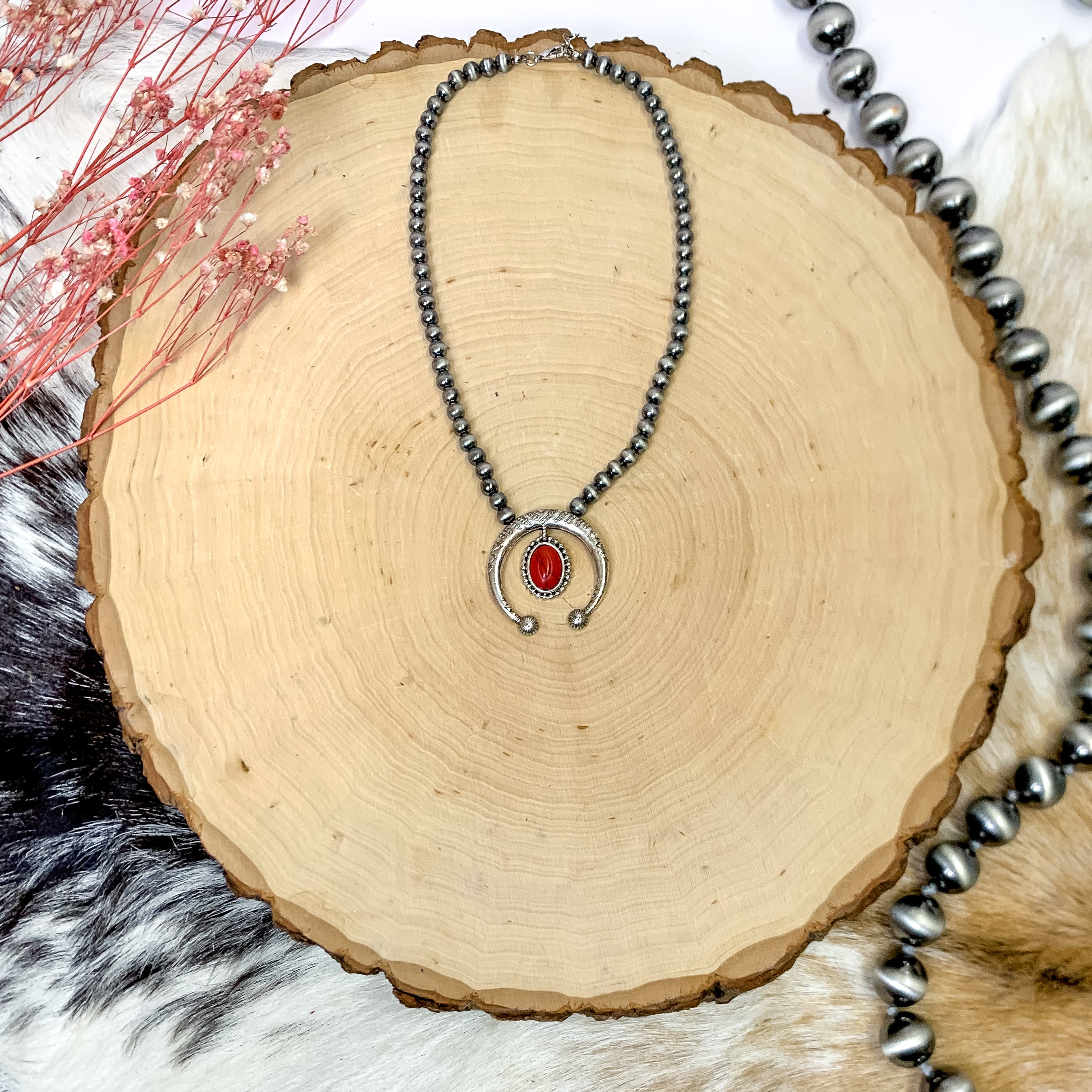 Faux Navajo Pearl Silver Tone Necklace with Naja Pendant and Oval Stone Dangle in Red
