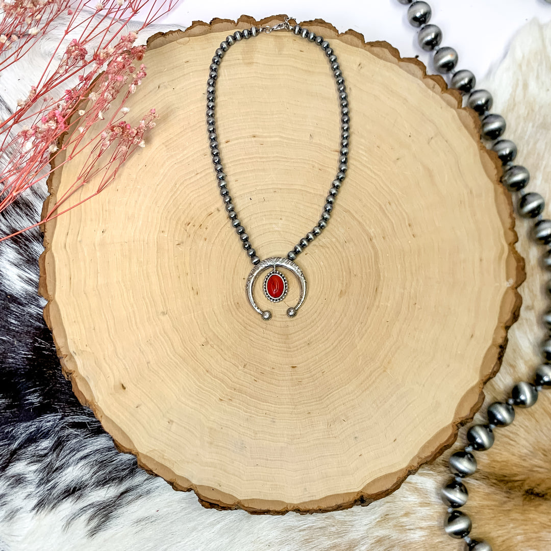 Faux Navajo Pearl Silver Tone Necklace with Naja Pendant and Oval Stone Dangle in Red