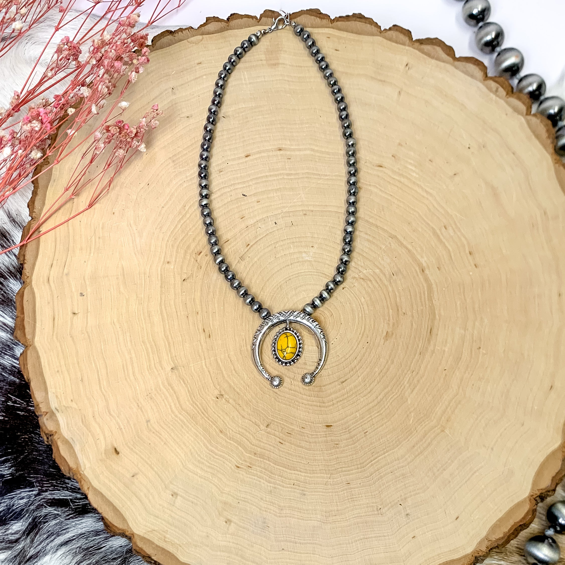 Faux Navajo Pearl Silver Tone Necklace with Naja Pendant and Oval Stone Dangle in Mustard Yellow